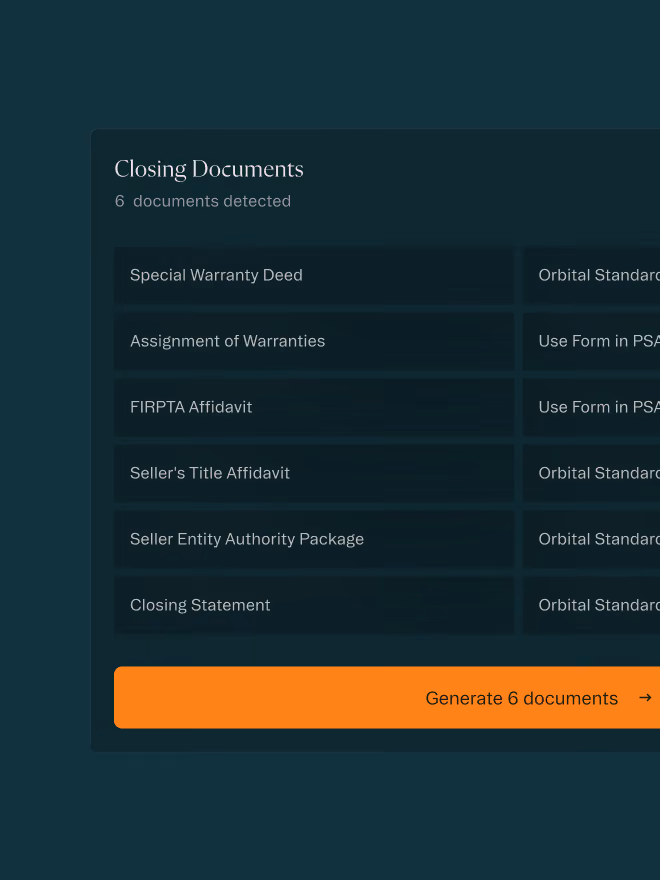 Interface showing six detected closing documents with an option to generate all documents in orange button.