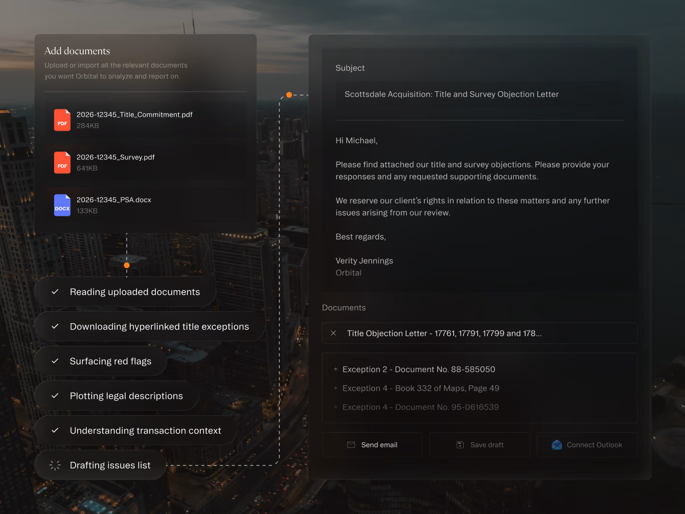 Interface showing document upload, analysis steps, and an email draft about title and survey objections.