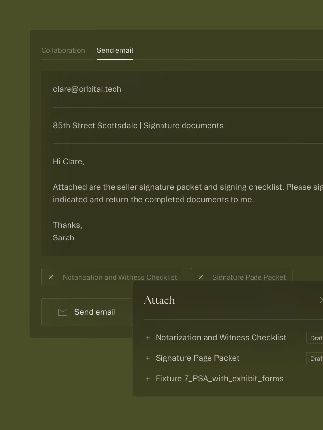 Email draft to clare@orbital.tech about signature documents with attachments listed for sending.