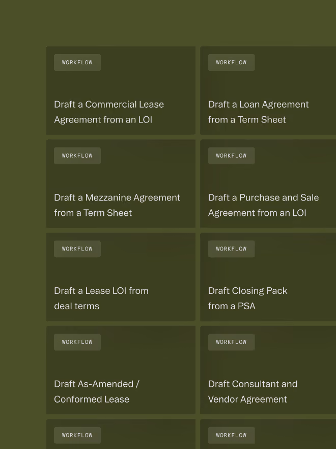 Grid of workflow cards for drafting commercial leases, loan agreements, mezzanine agreements, and vendor agreements.