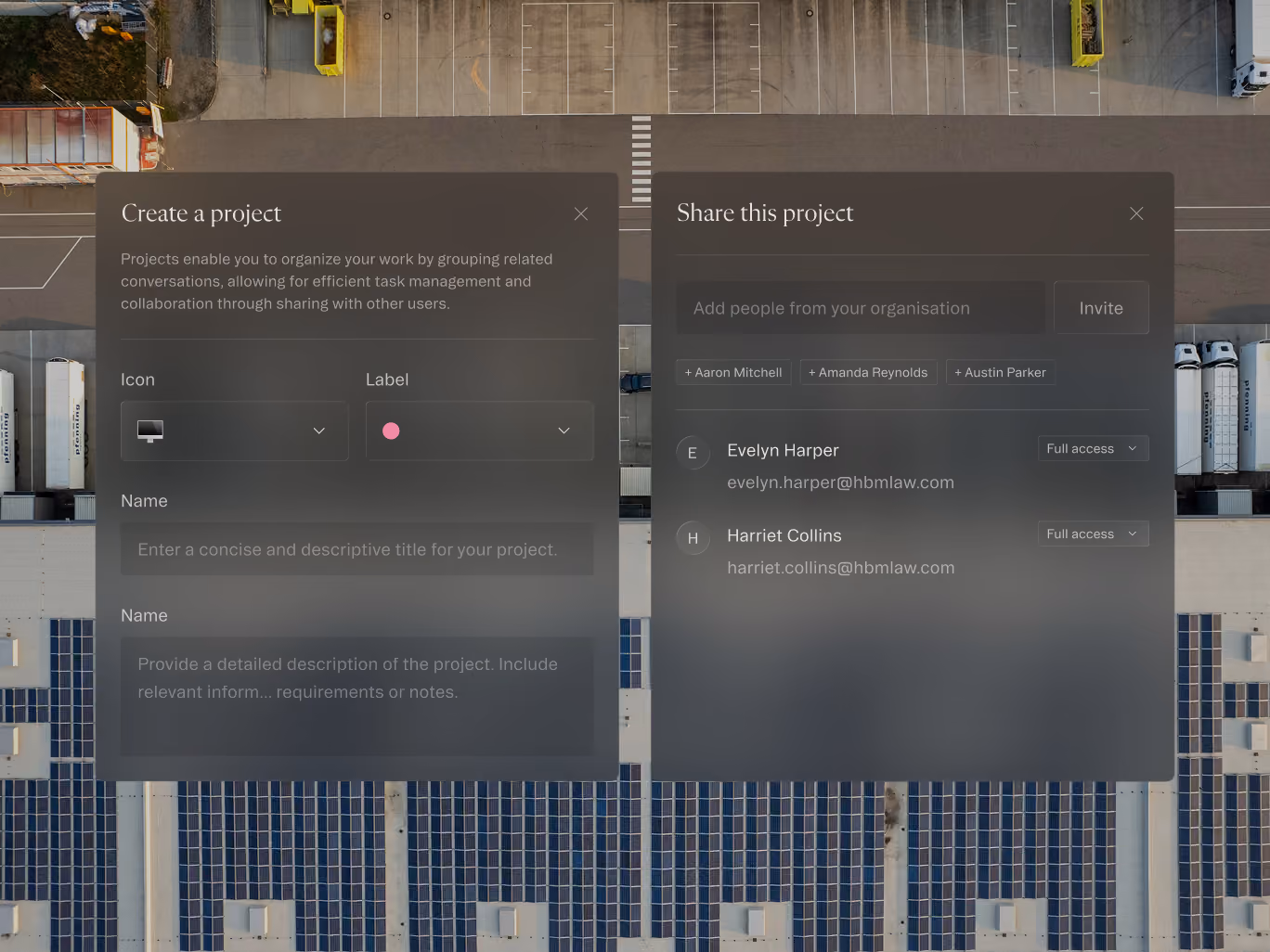 UI with two dark translucent panels for creating and sharing projects over an aerial industrial background.