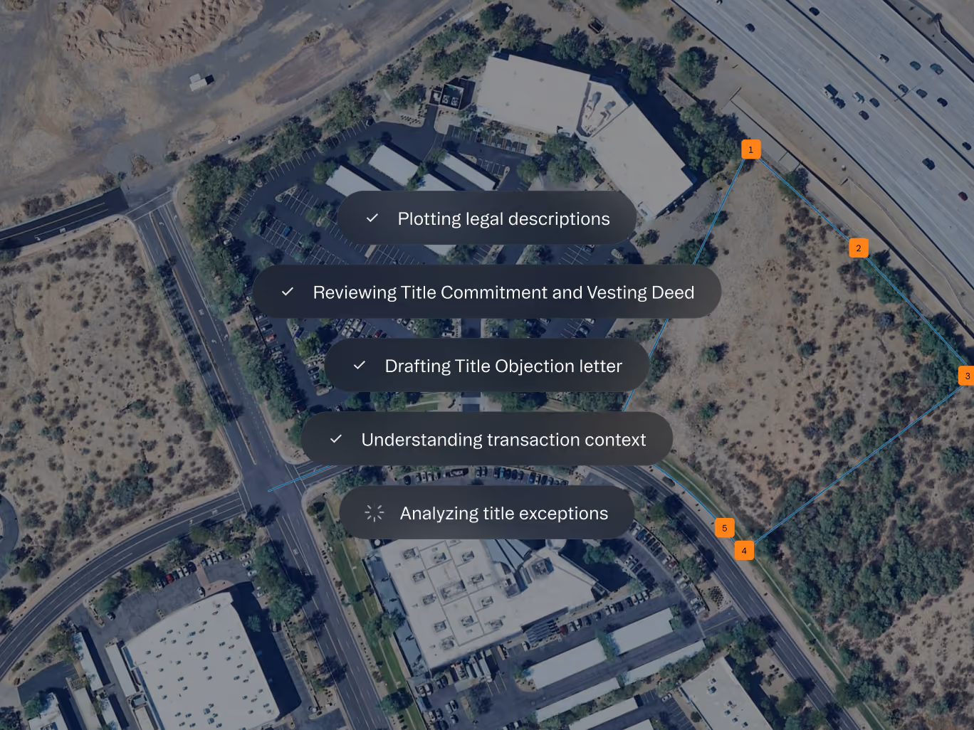 Aerial view of a business area with title review steps overlaid on a land plot marked by numbered points.