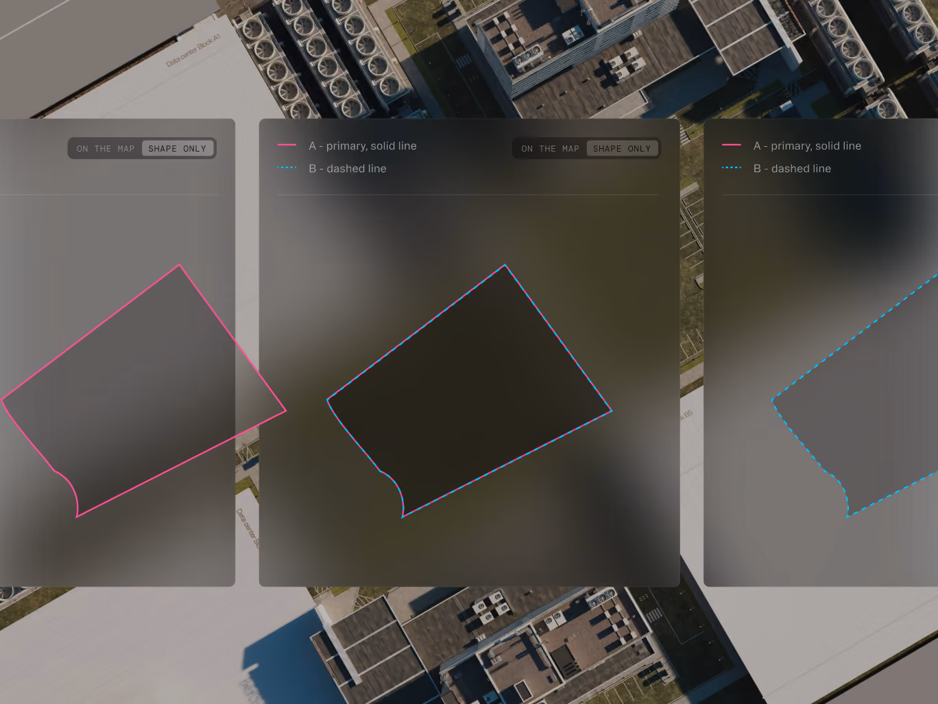 Three panels showing a polygon with lines: solid pink, dashed blue, and both combined on a blurred aerial map.