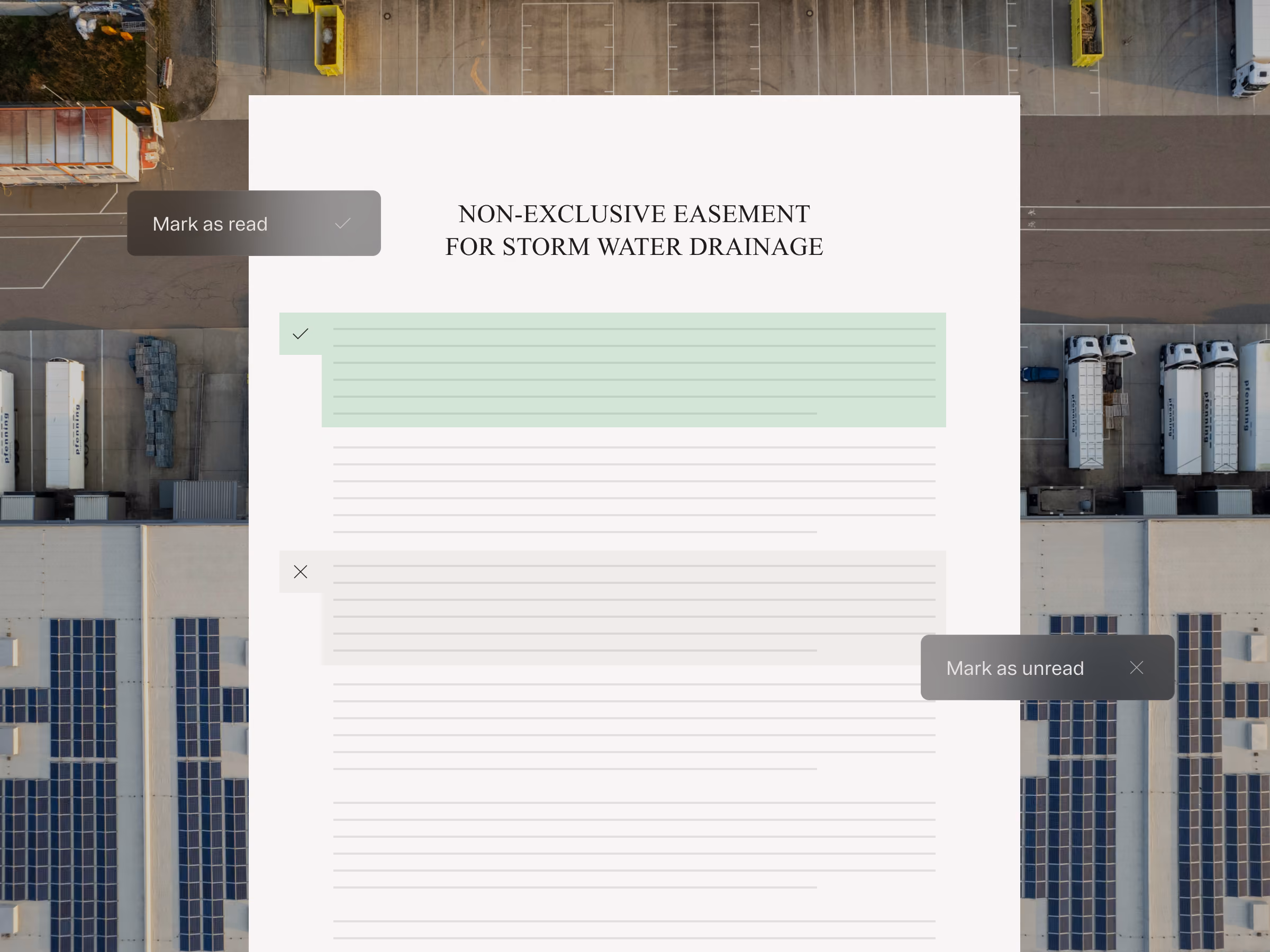 Document titled 'Non-exclusive easement for storm water drainage' with marked sections and options to mark as read or unread.