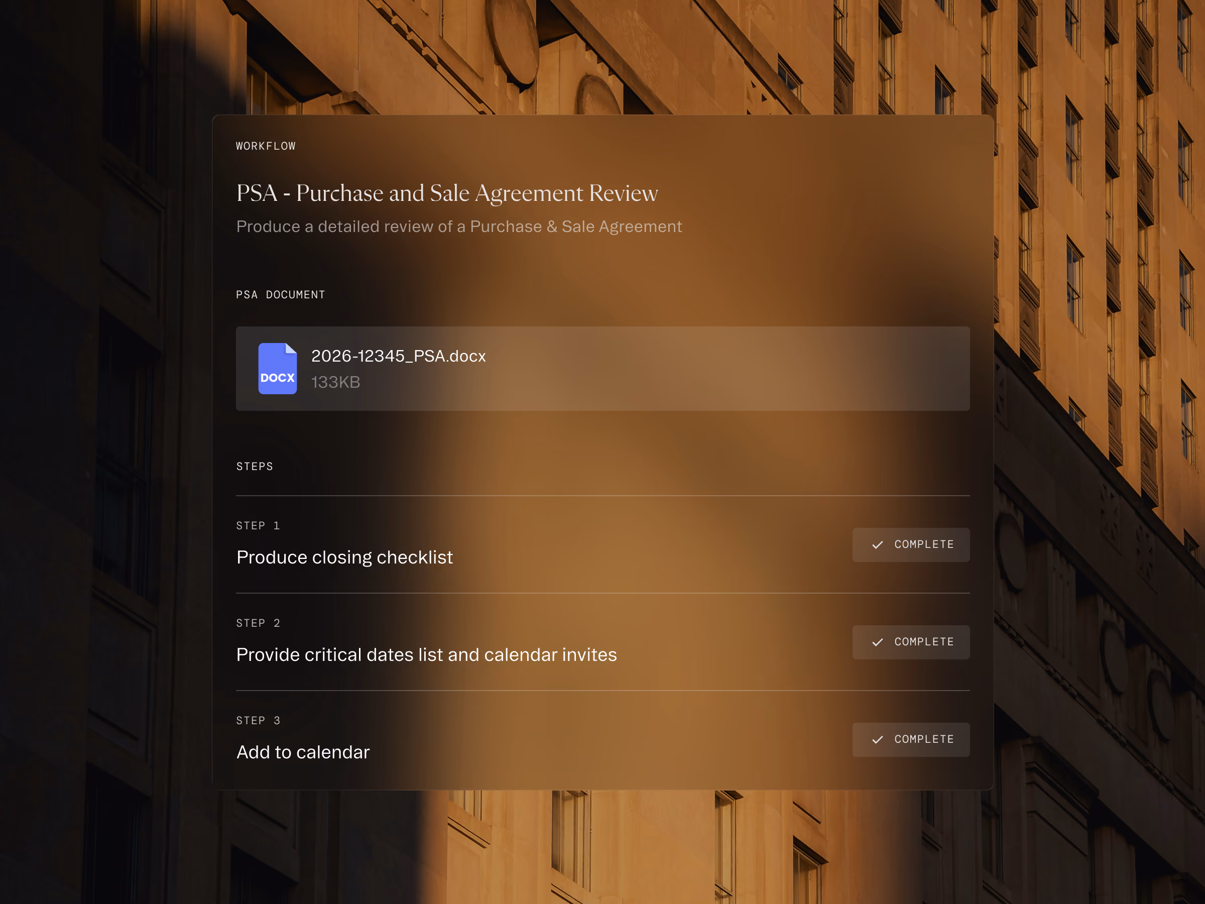 Interface showing PSA document review workflow with steps and completed checklist, dates, and calendar adds.