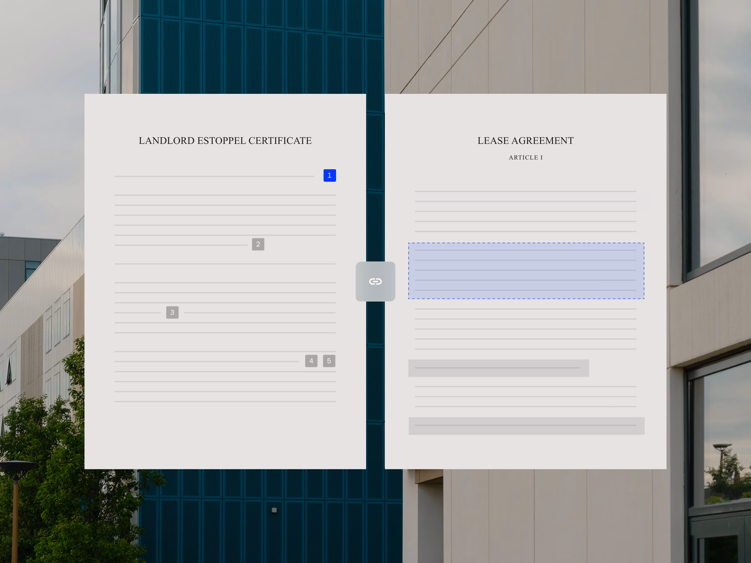 Two documents side by side titled Landlord Estoppel Certificate and Lease Agreement with a link icon between them.