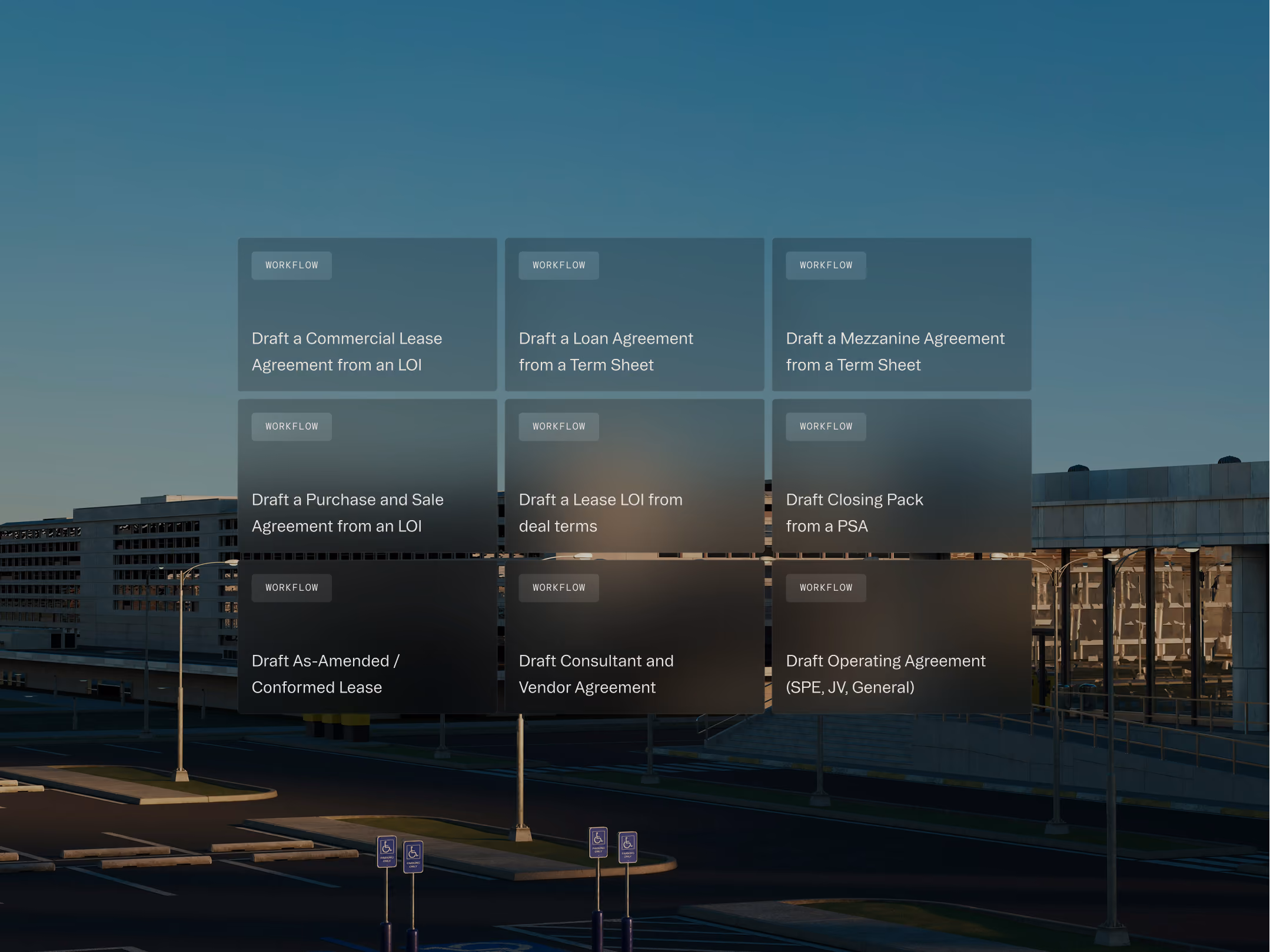 Nine workflow cards overlay an urban parking lot and buildings at sunset, detailing drafting agreement tasks.