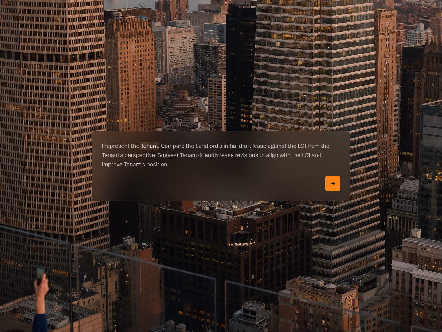 Cityscape at dusk with skyscrapers and a text box about tenant lease comparison in the center.