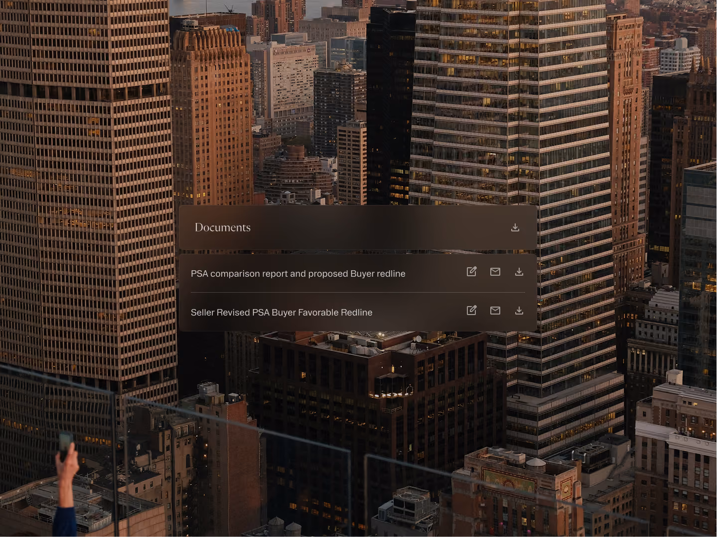 City skyscrapers background with overlay displaying document filenames and icons for edit, email, download.