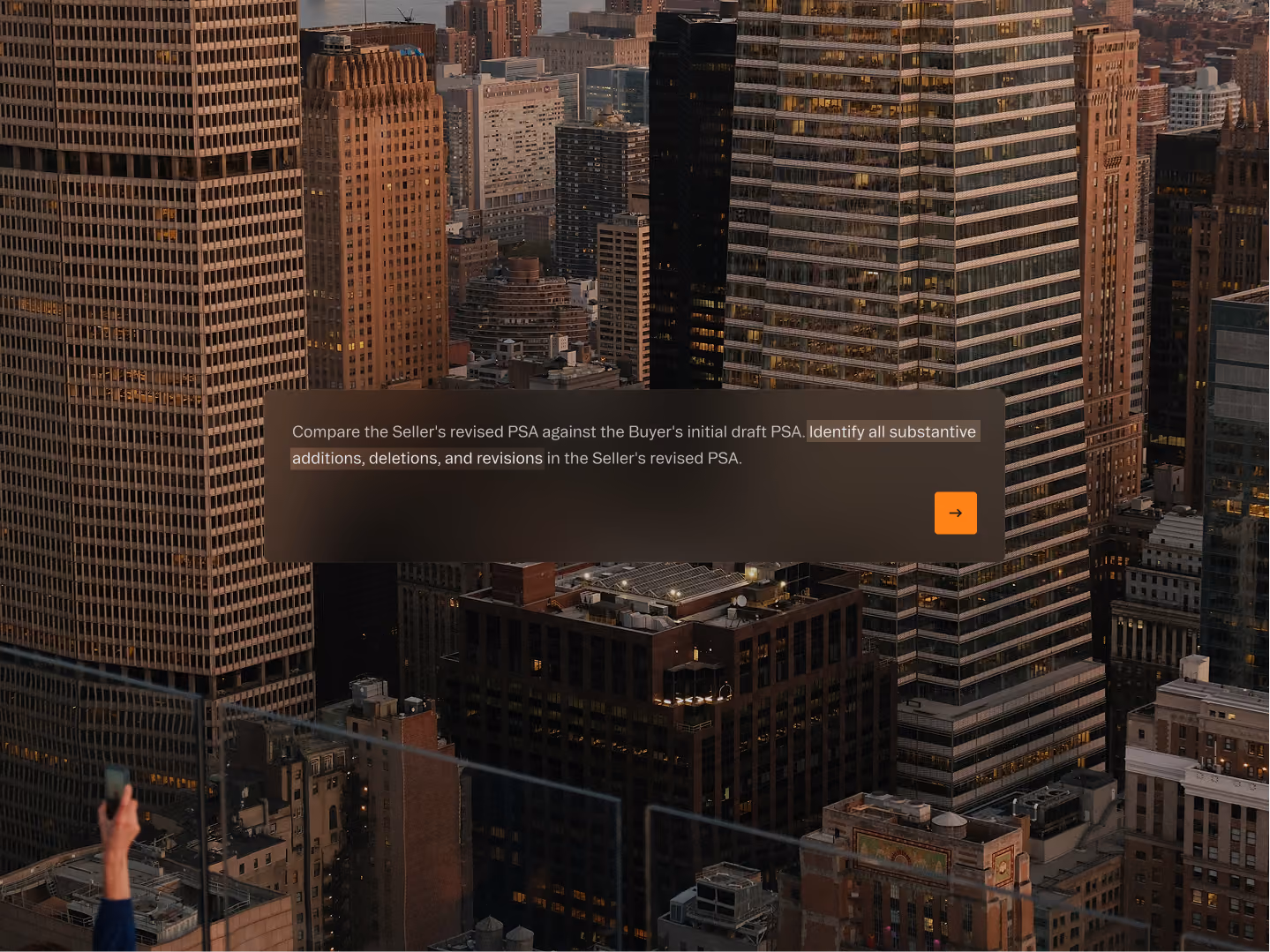 Cityscape at dusk with a translucent text box containing contract review instructions and an orange arrow button.