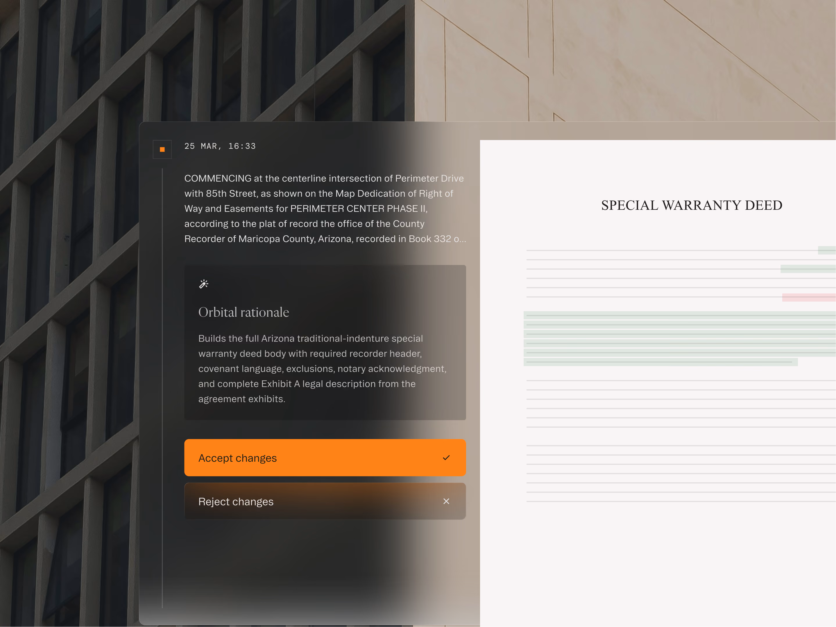 Interface showing legal text for Arizona special warranty deed with buttons to accept or reject changes.