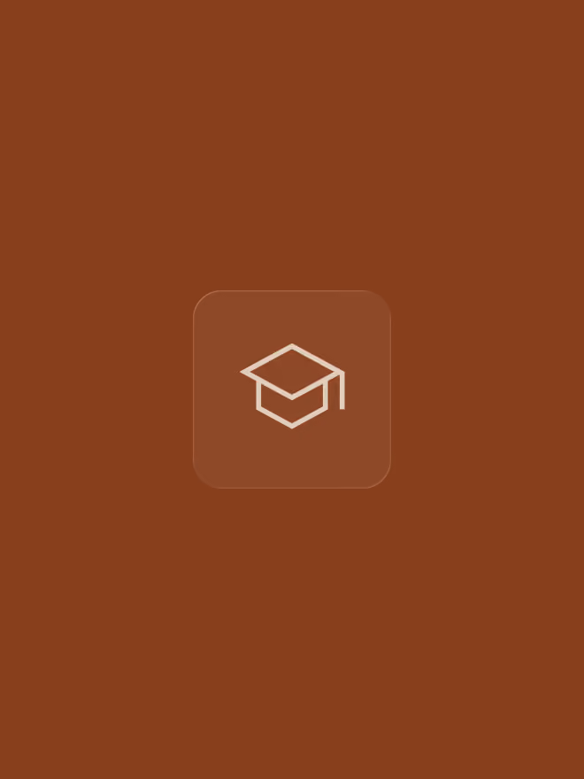 Icon of a graduation cap centered on a brown square on a darker brown background.
