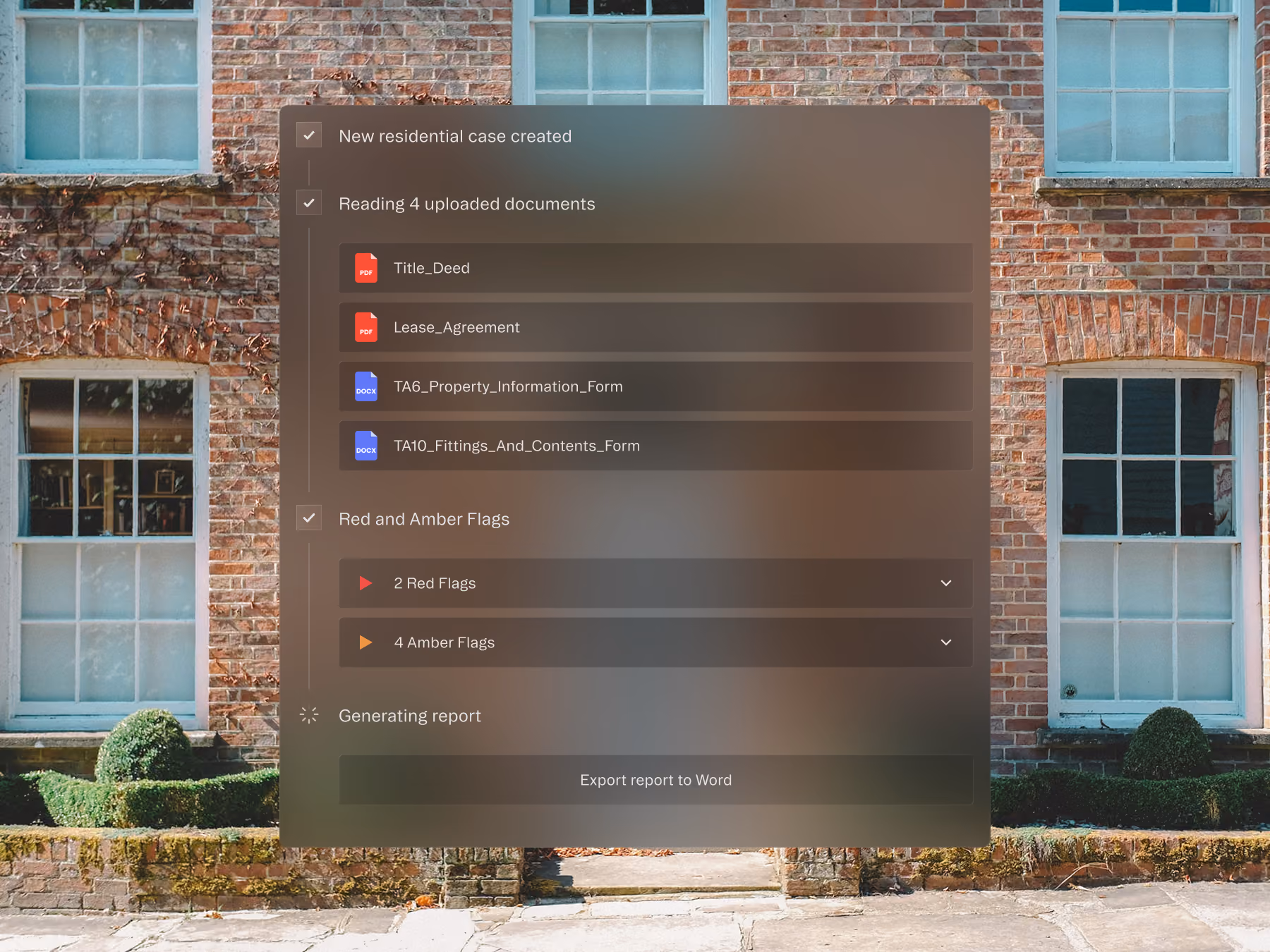 Digital interface overlay shows reading property documents and flags, plus option to export report to Word.