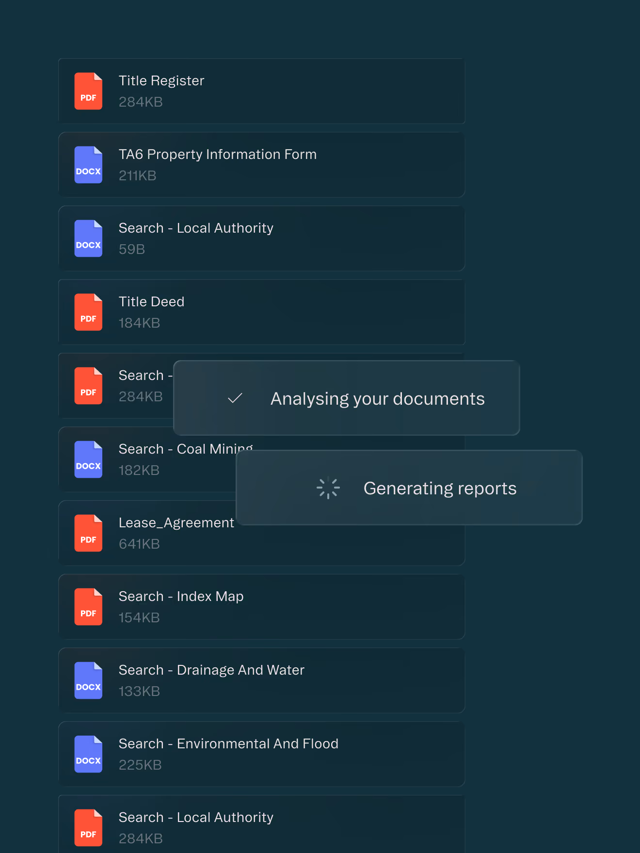List of PDF and DOCX files related to property searches with overlays reading analysing documents and generating reports.