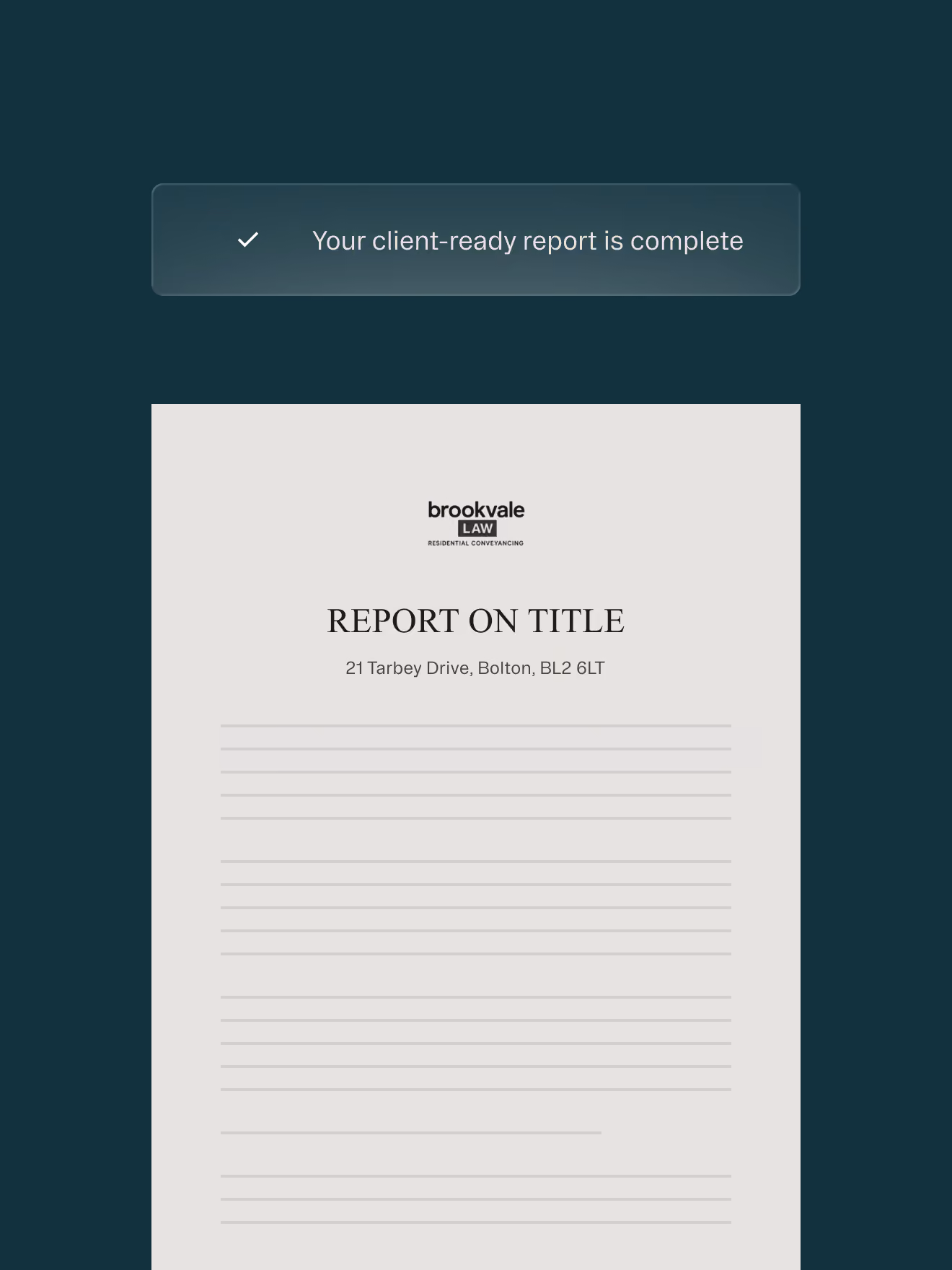 Notification message above a Brookvale Law report titled 'Report on Title' with an address in Bolton.