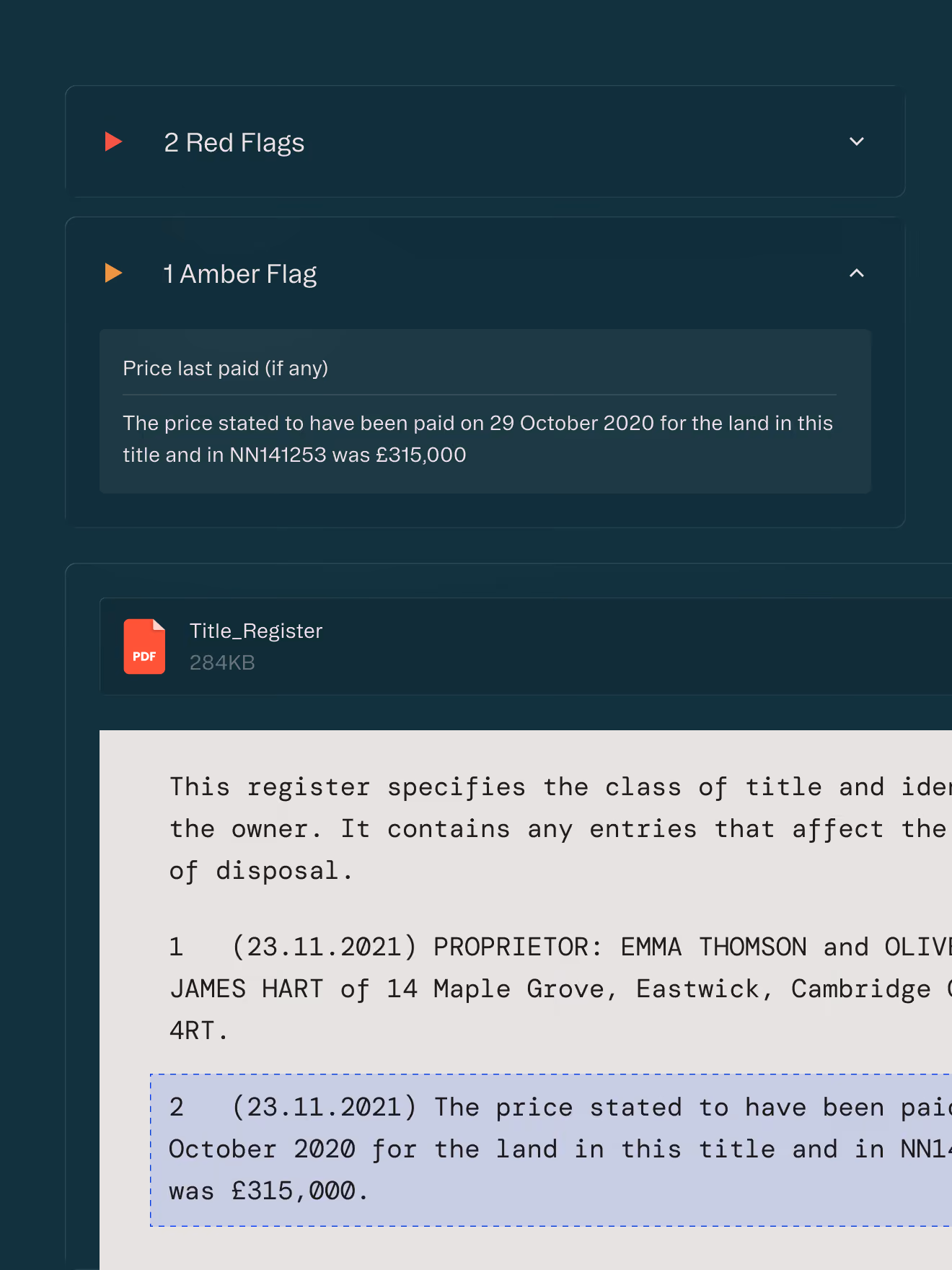 Screen showing 2 red flags, 1 amber flag with land price £315,000 paid on 29 Oct 2020, and a title register PDF.