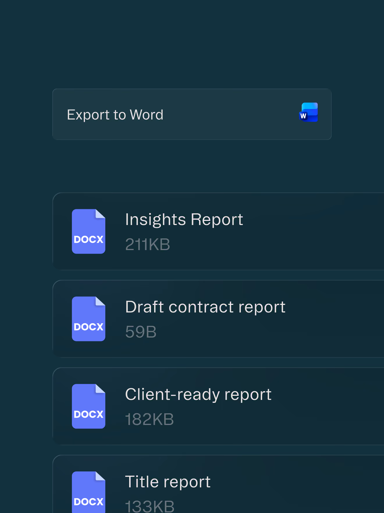 Screen showing Export to Word button and list of Word documents with names and file sizes.