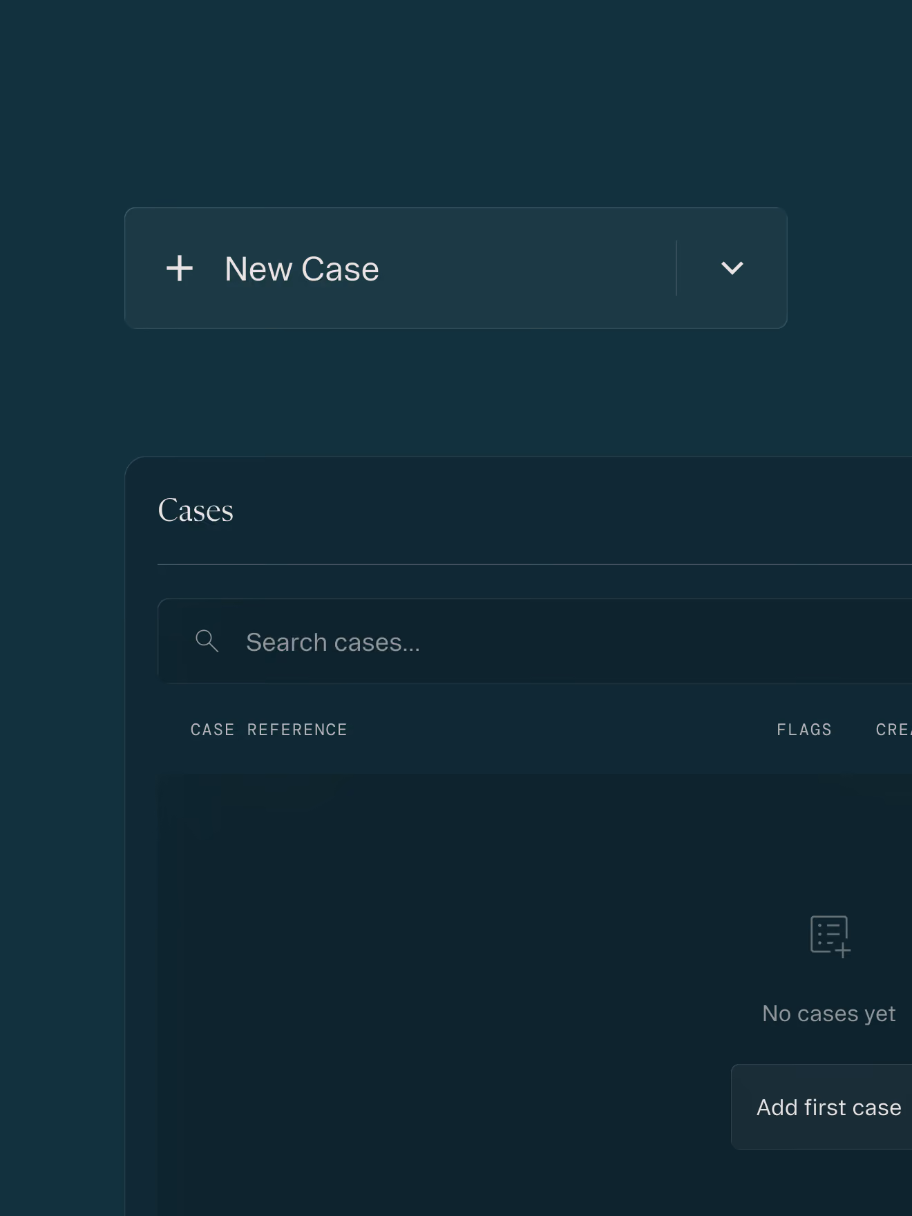 UI screen showing no cases with options to add a new case and search cases.