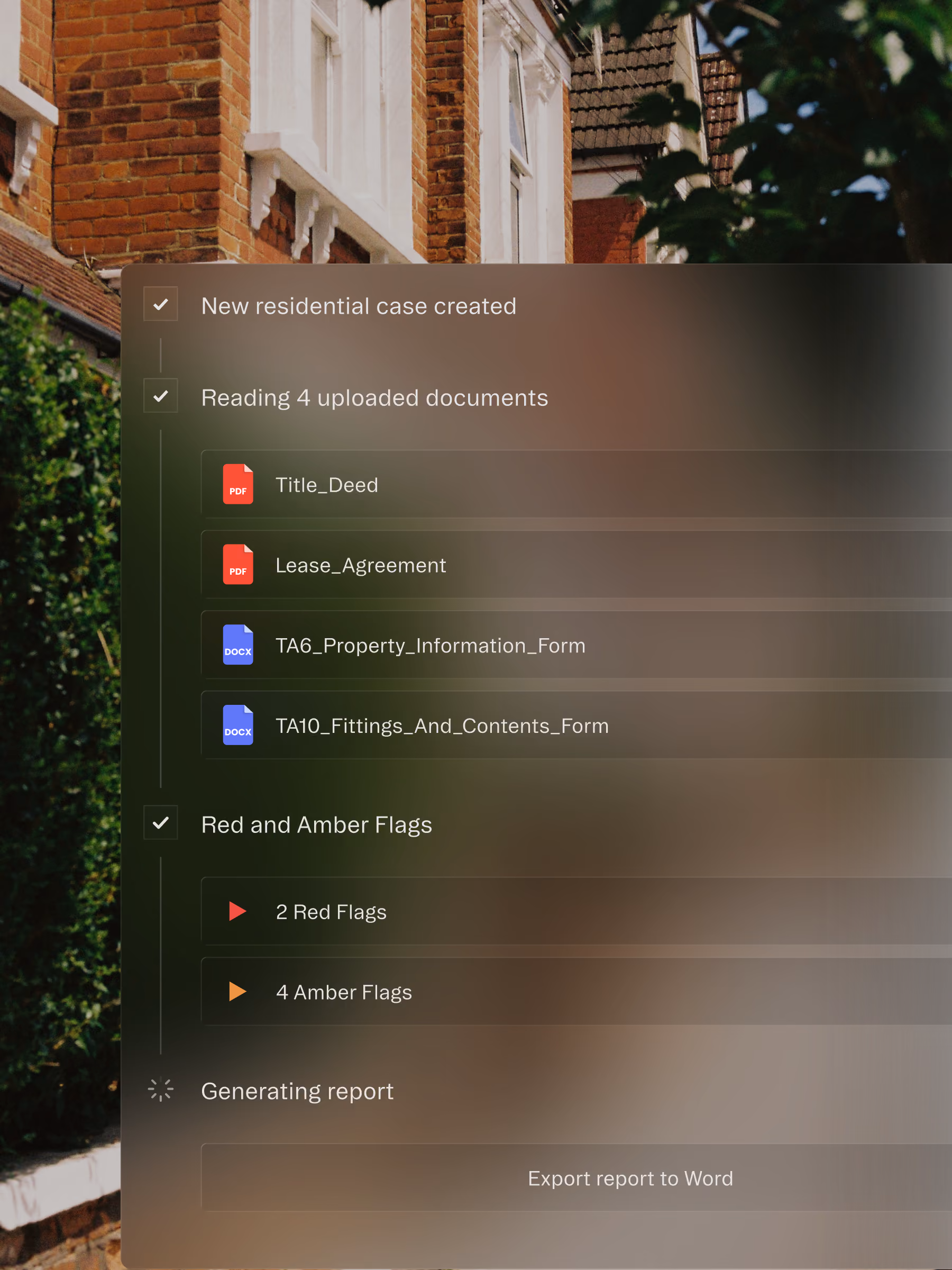 Interface showing new case creation with four document uploads, two red flags, four amber flags, and report generation.