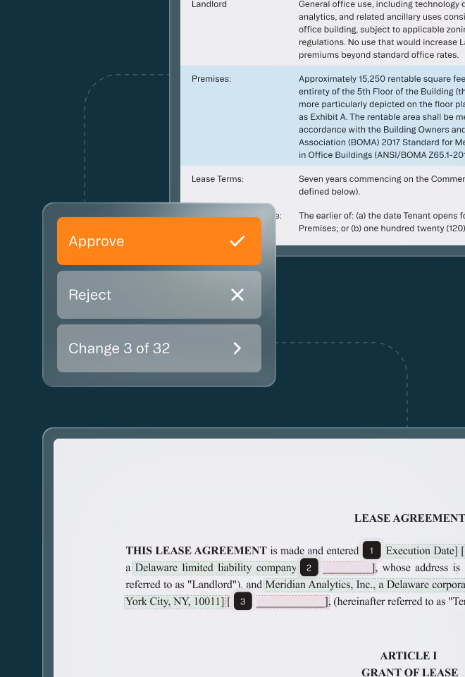 Document titled Lease Agreement shows text with annotations; overlay box offers Approve, Reject, and Change options.