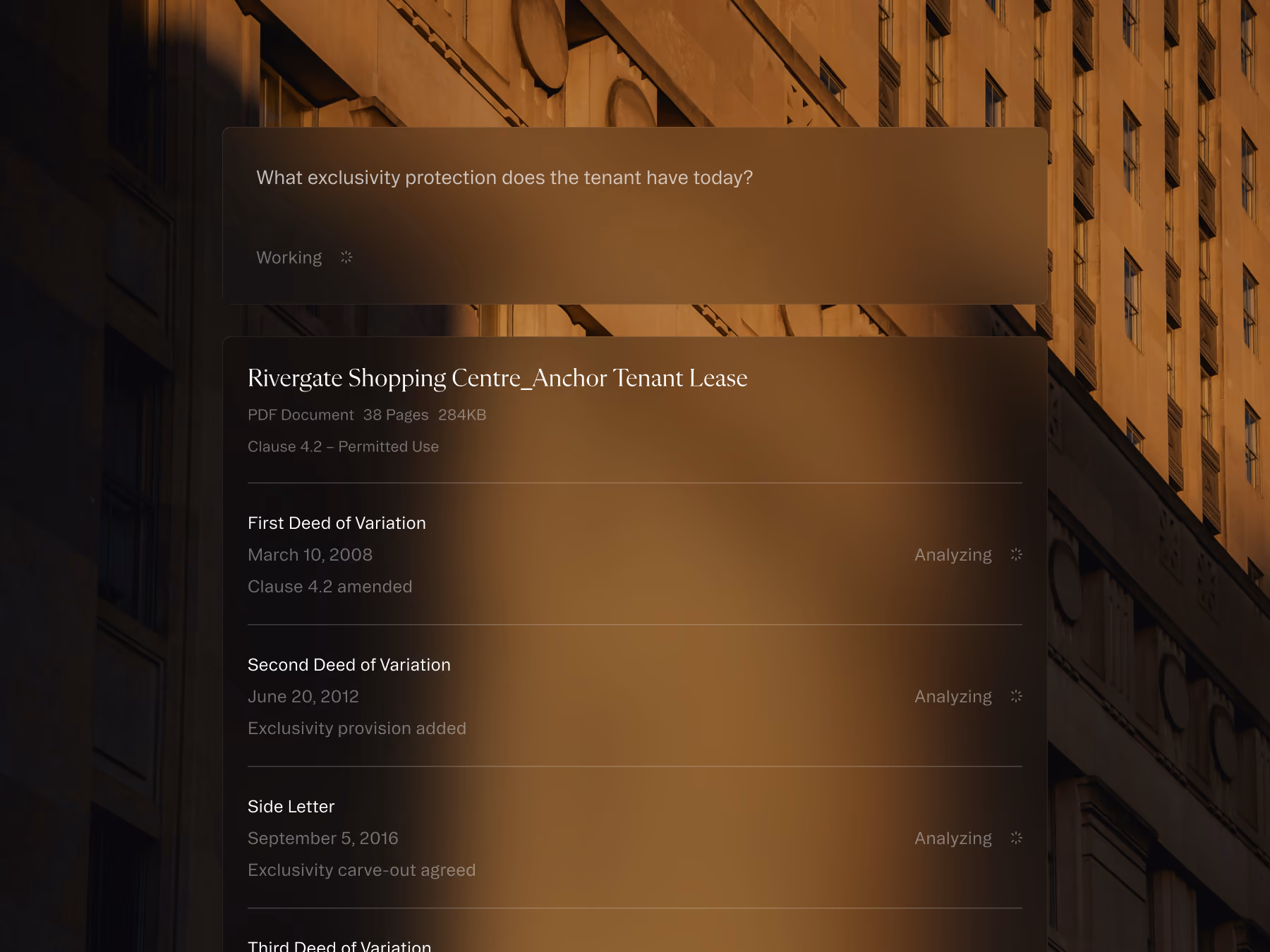 Document analysis interface showing lease clauses and amendments for Rivergate Shopping Centre tenant.