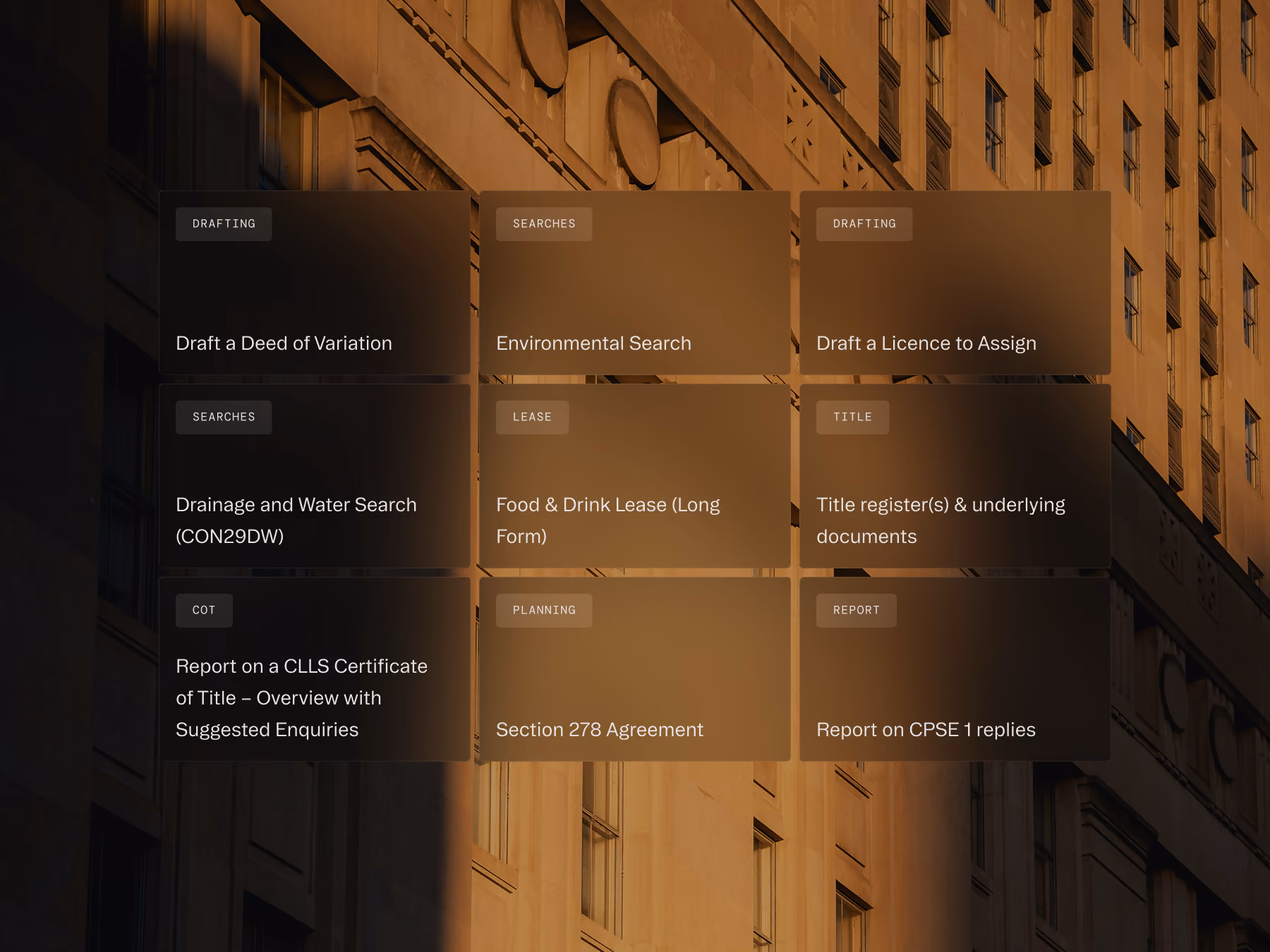 Grid of real estate workflow cards over a building facade with tasks like searches, drafting, and reports.