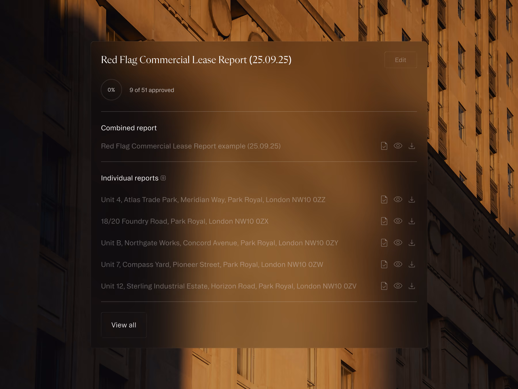 Dashboard showing Red Flag Commercial Lease Report with combined and individual reports listed for London locations.