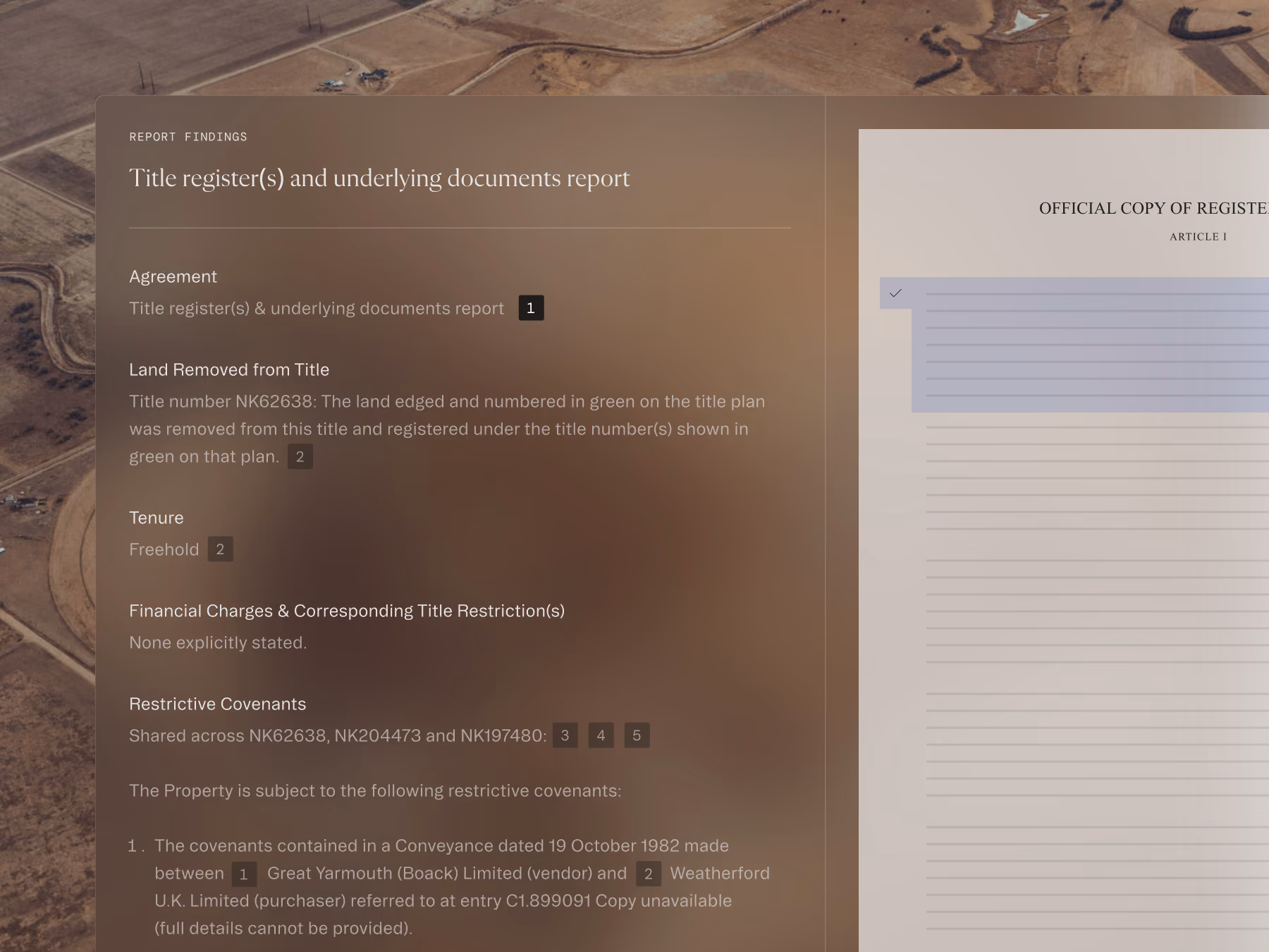 Report findings on land title, tenure, financial charges, restrictive covenants, and property details.