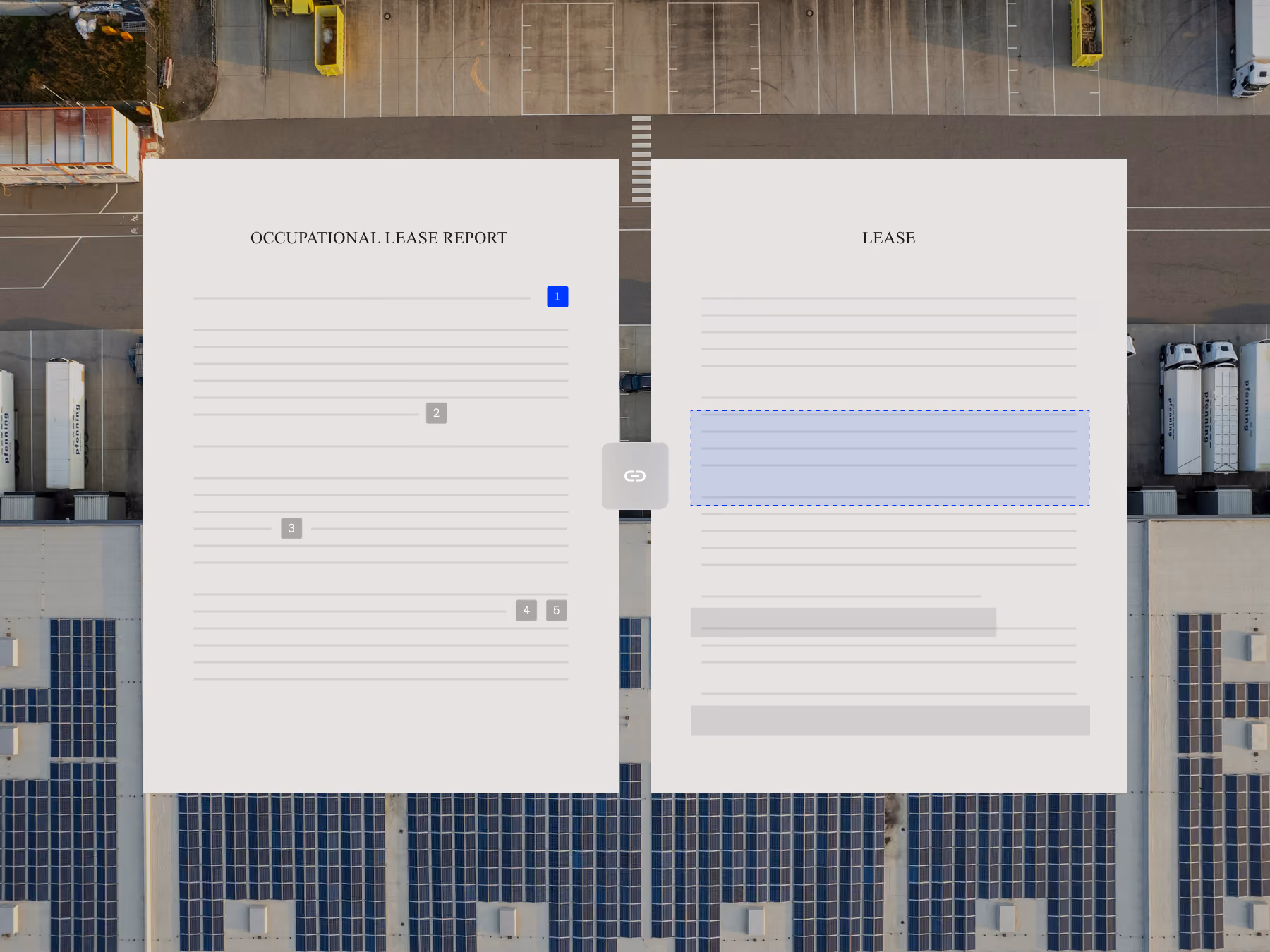 Two documents titled Occupational Lease Report and Lease linked together over a solar-panel rooftop and parking lot.