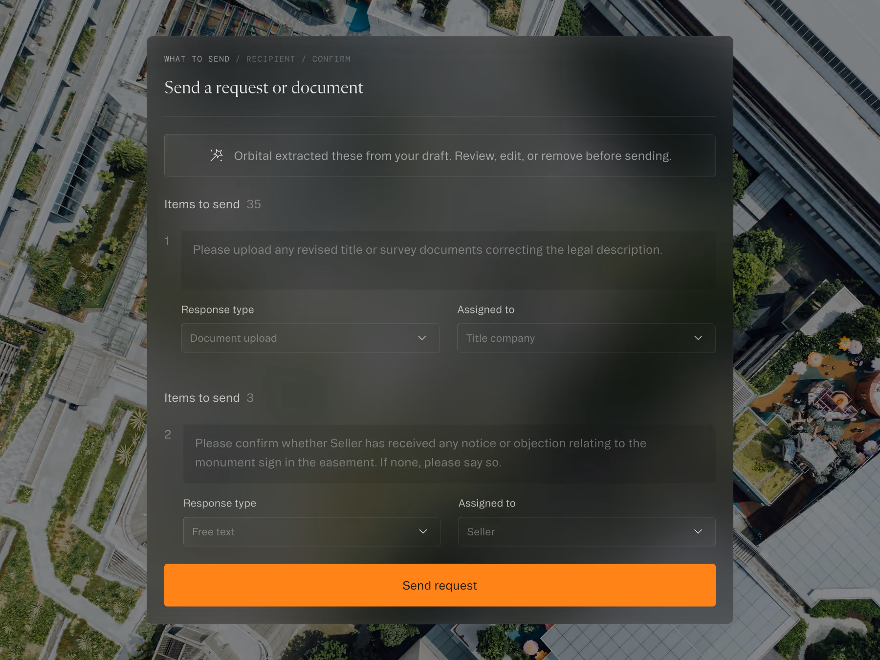 Interface for sending document requests with fields for response type and assignee, plus a send request button.