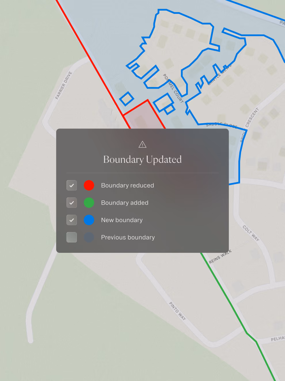 Map showing updated real estate boundaries with red reduced, green added, blue new, and gray previous lines.