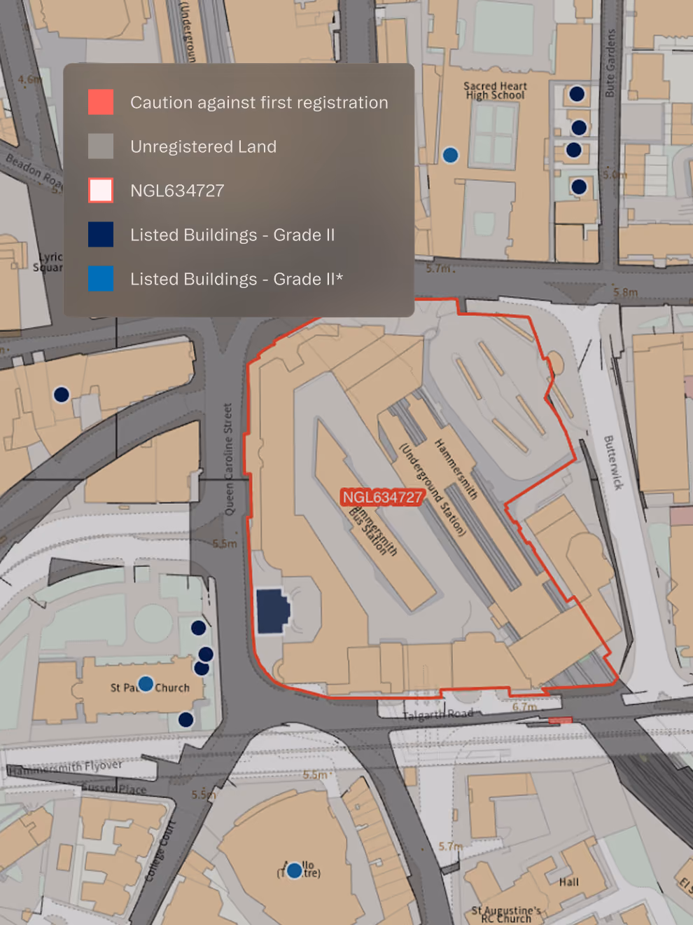 Map highlighting Hammersmith Bus Station outlined in red with legend for land and building status.