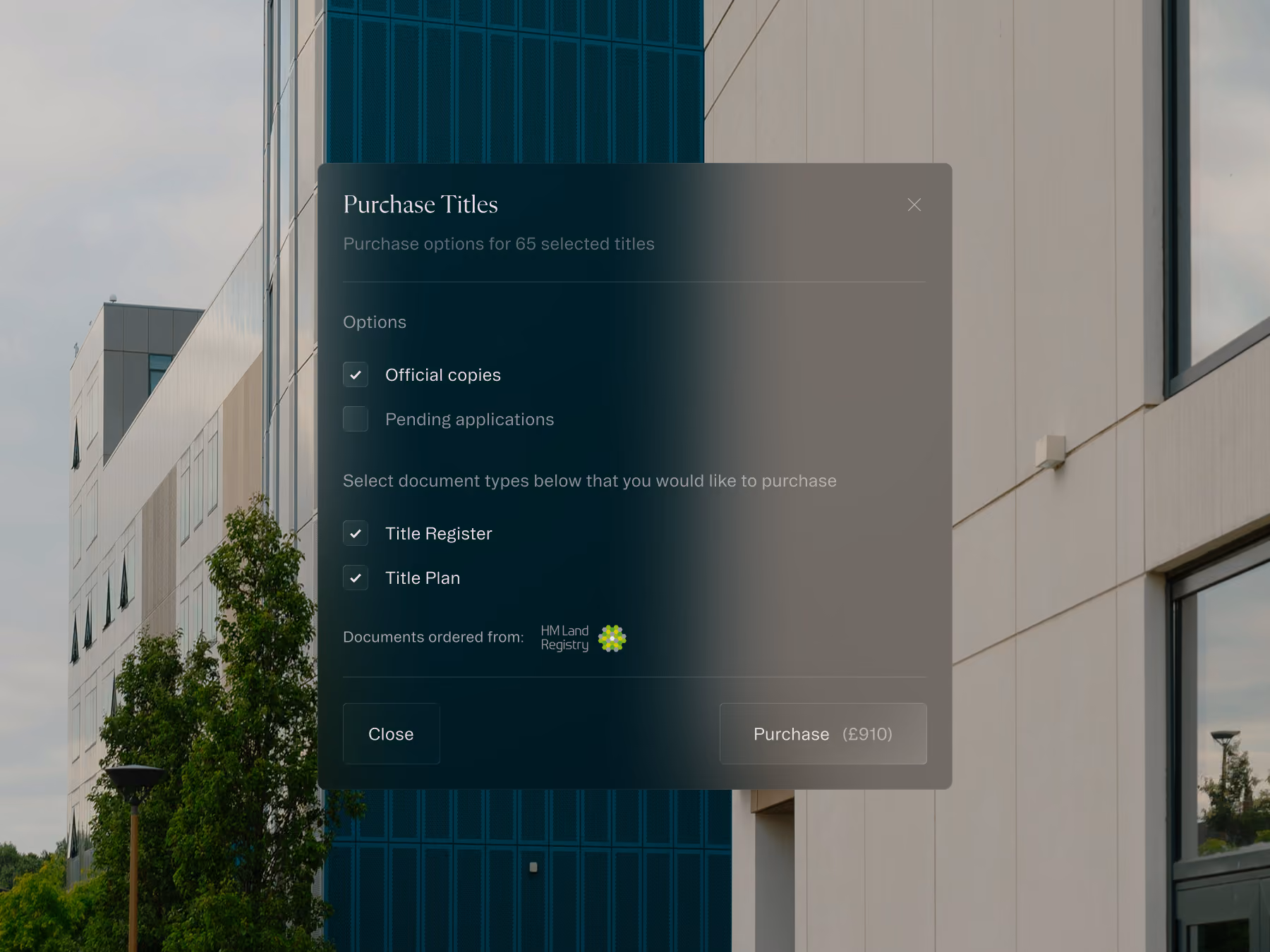 Purchase Titles window with options for official copies, pending applications, Title Register, and Title Plan.