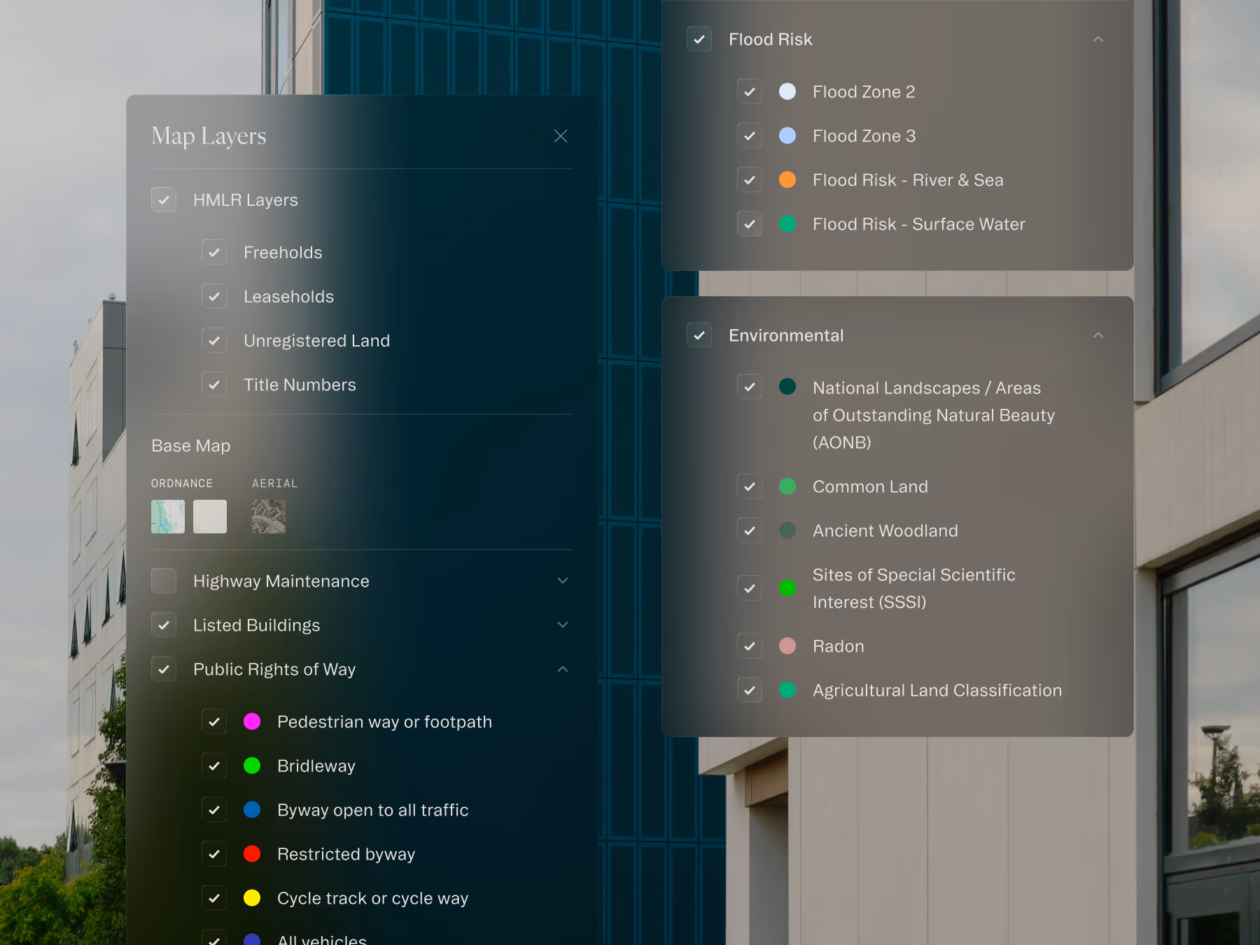 Map layers menu showing options for HMLR, flood risk, environmental, and public rights of way layers selected.
