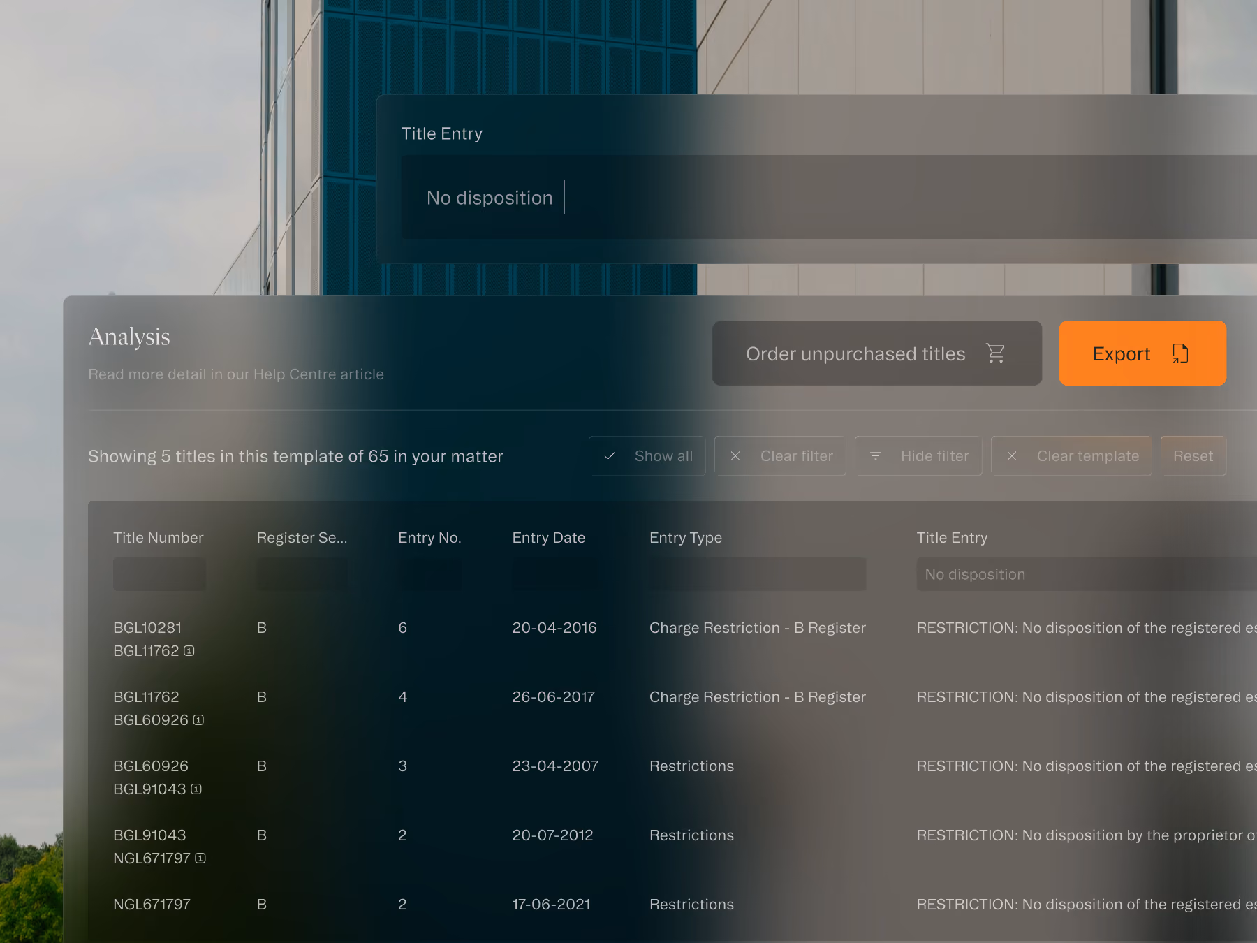 Analysis interface showing title entries, register sections, entry types, dates, and an export button.
