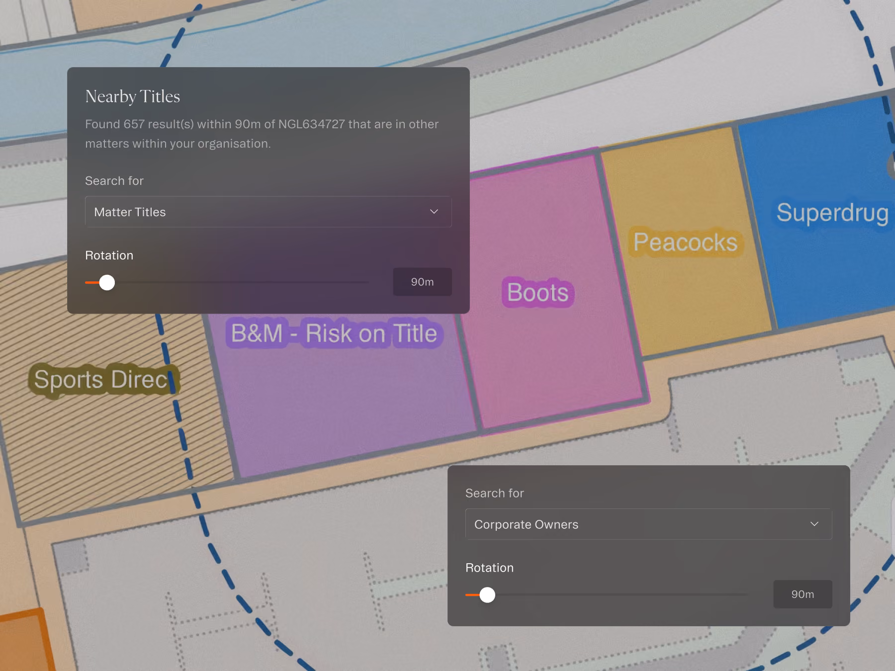 Map with labeled store areas Boots, Peacocks, Superdrug, B&M, and Sports Direct inside a 90m radius circle.