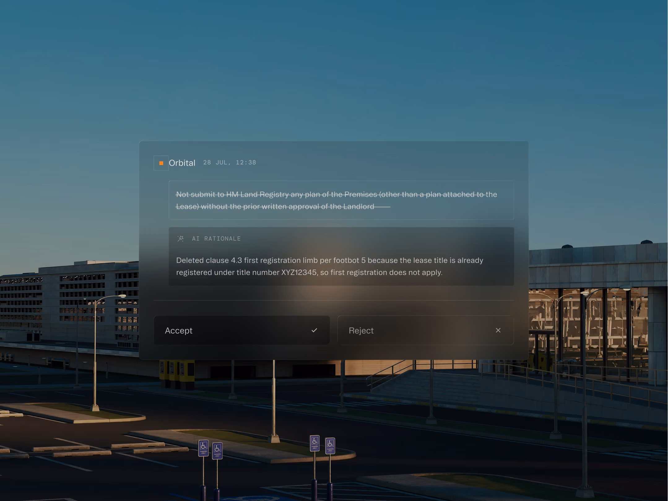 Semi-transparent overlay with legal clause edit and AI rationale to accept or reject the change.