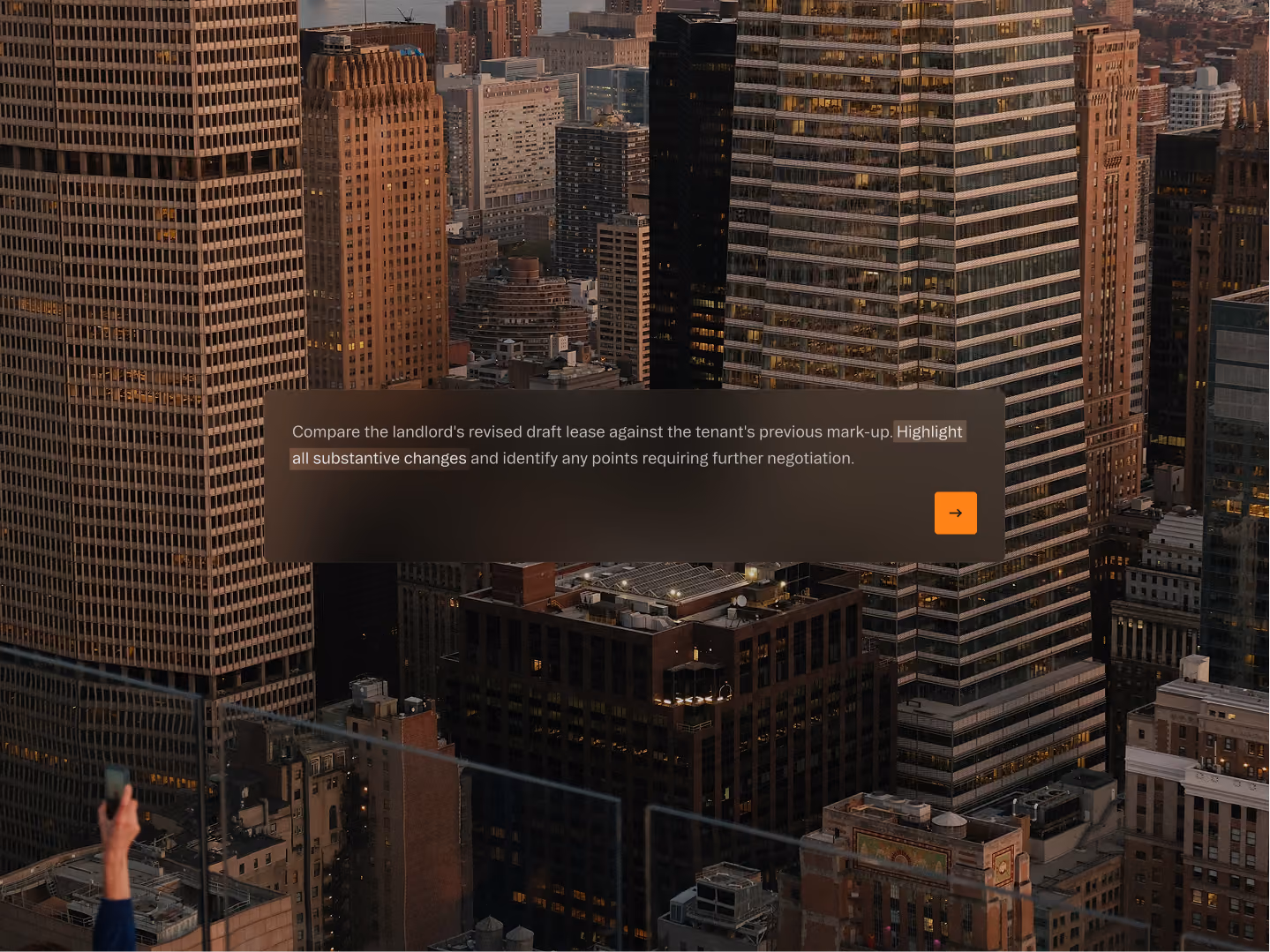 City skyline with tall buildings at dusk and an overlay text box about comparing lease drafts.