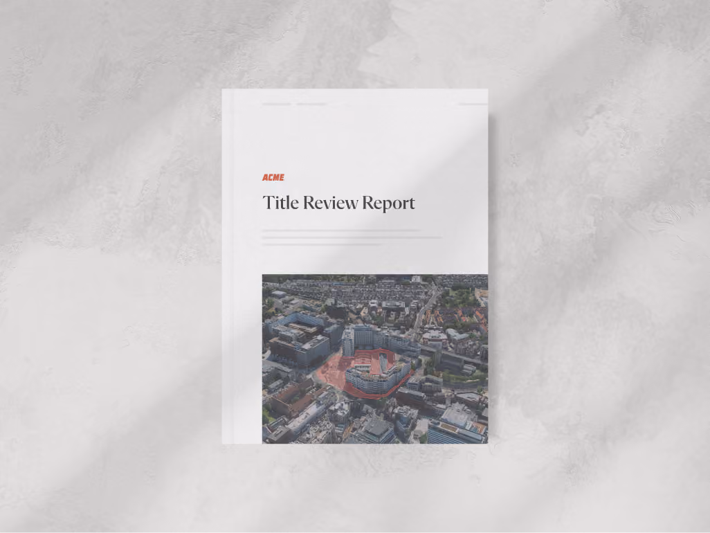 White report titled 'Title Review Report' with ACME logo and aerial photo of a city area marked in red.
