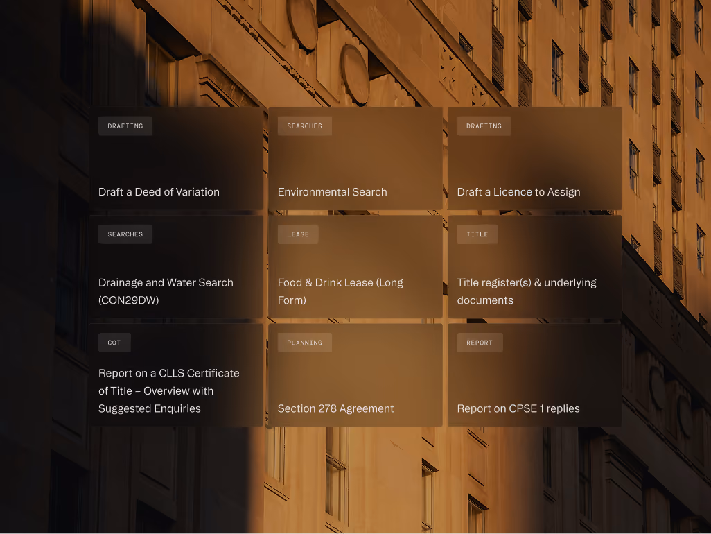 Nine brown blocks listing prebuilt real estate workflows like searches, drafts, and reports.
