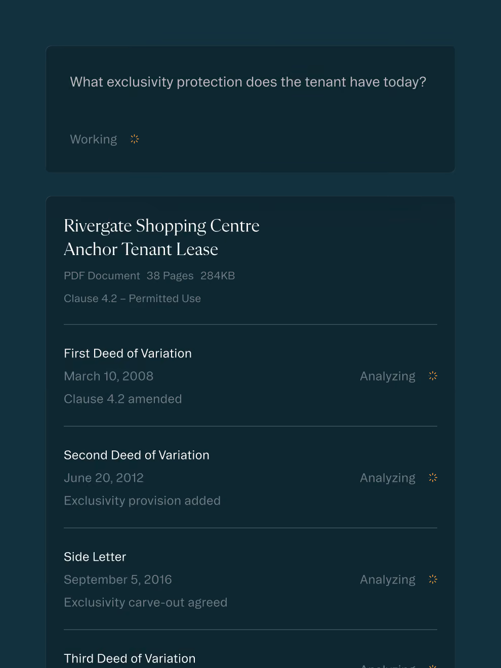 List of documents analyzing exclusivity provisions for Rivergate Shopping Centre tenant lease.
