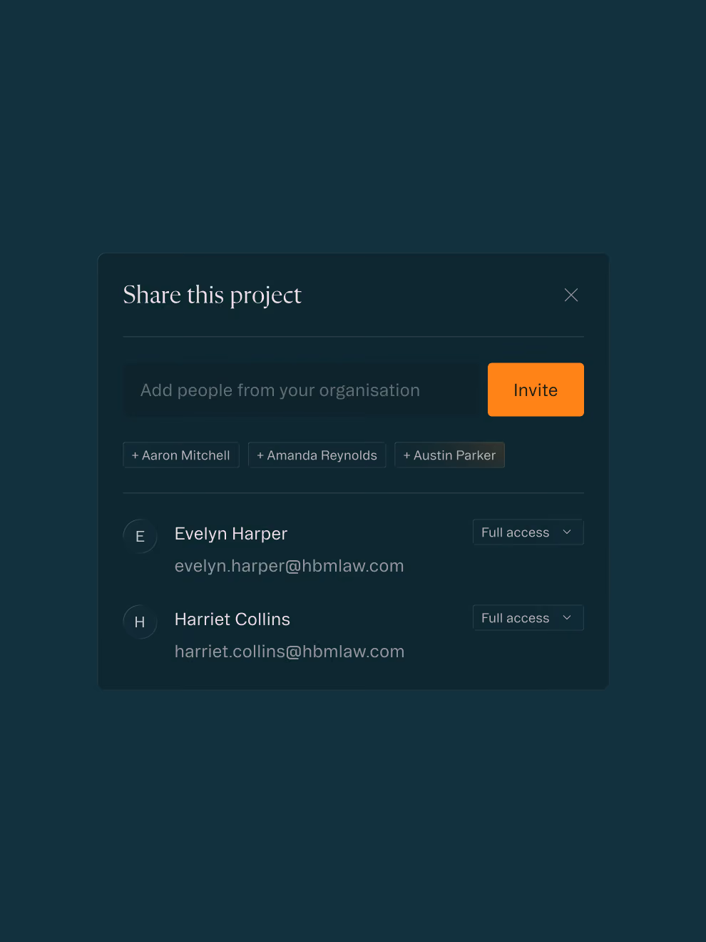 User interface to share a project, showing an invite button and a list of users with full access.
