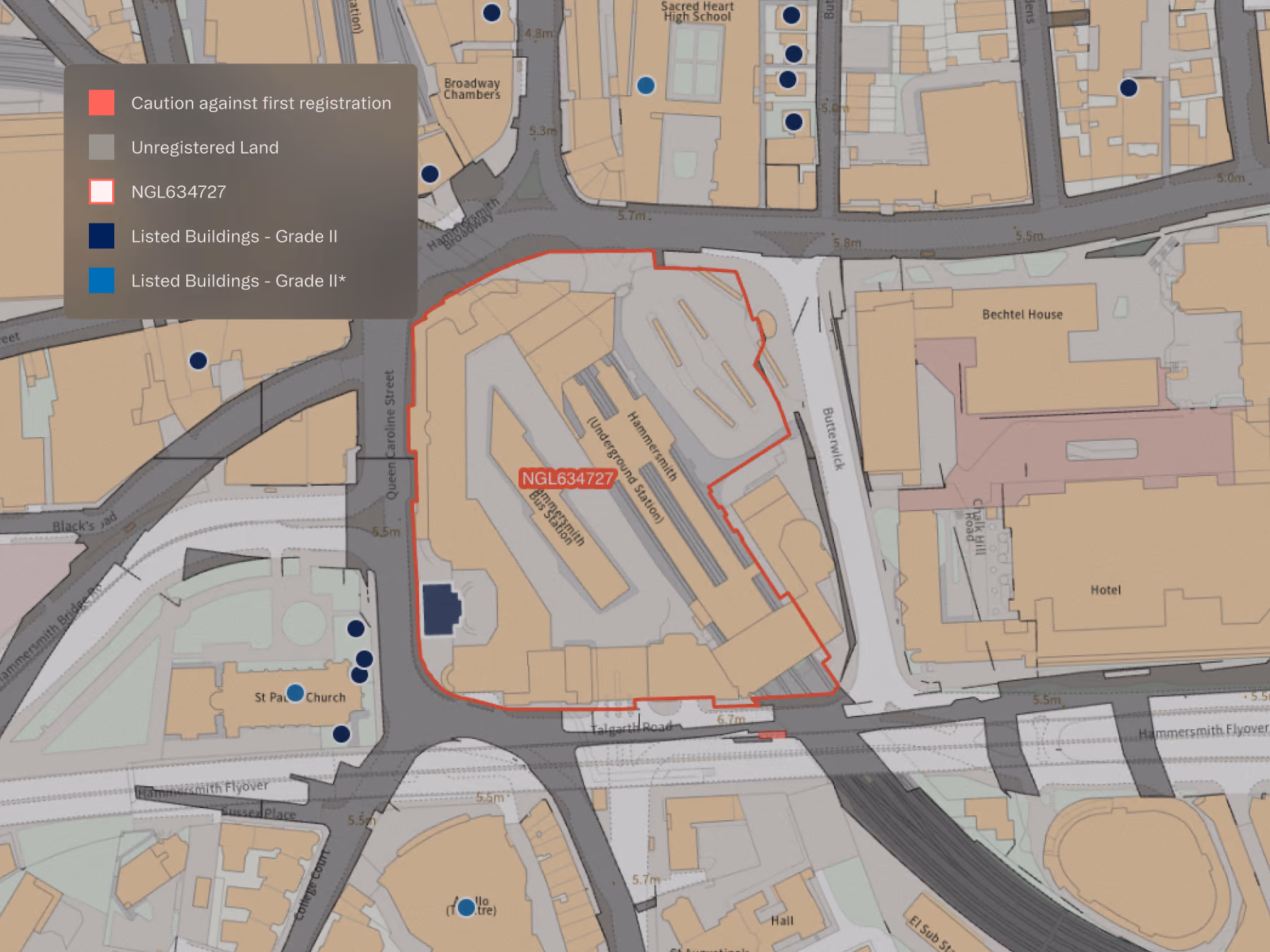 Map highlighting NGL634727 in red with unregistered land and listed Grade II buildings near Hammersmith Station.