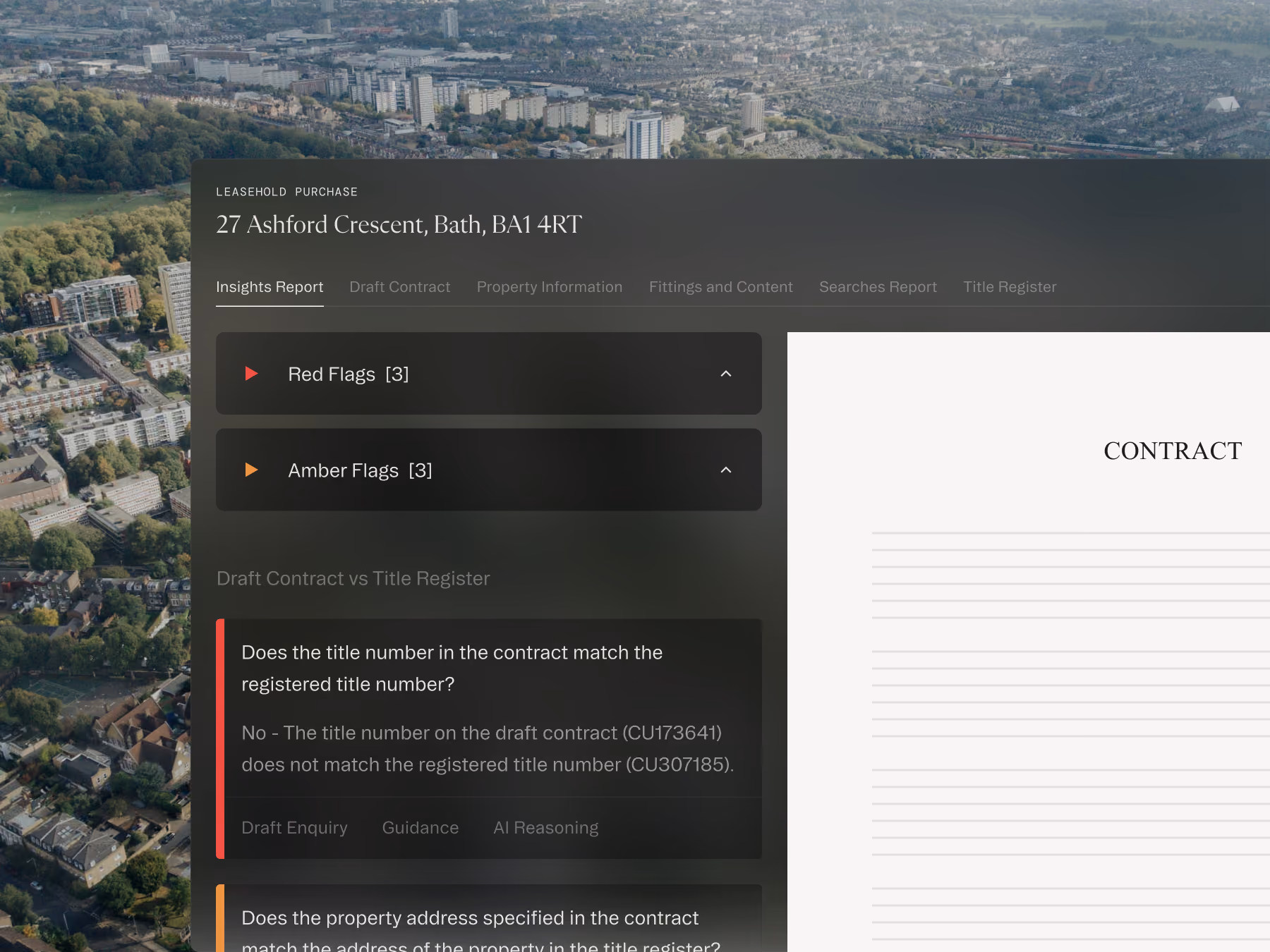 A leasehold purchase report for 27 Ashford Crescent, Bath, showing red and amber flags for contract discrepancies.