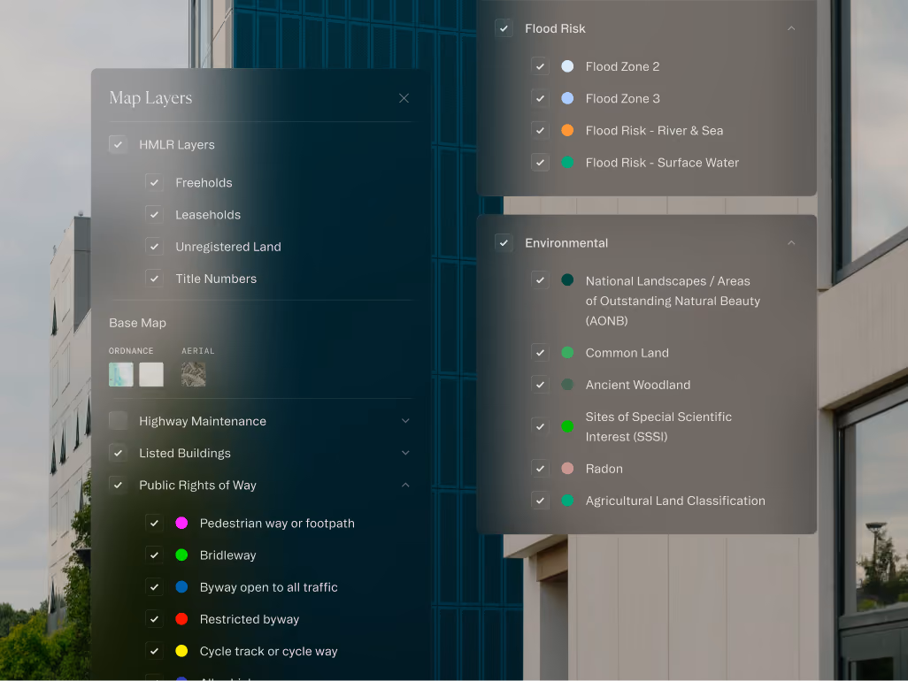 Map layers menu showing options for flood risk, environmental, public rights, and property layers with checkboxes.