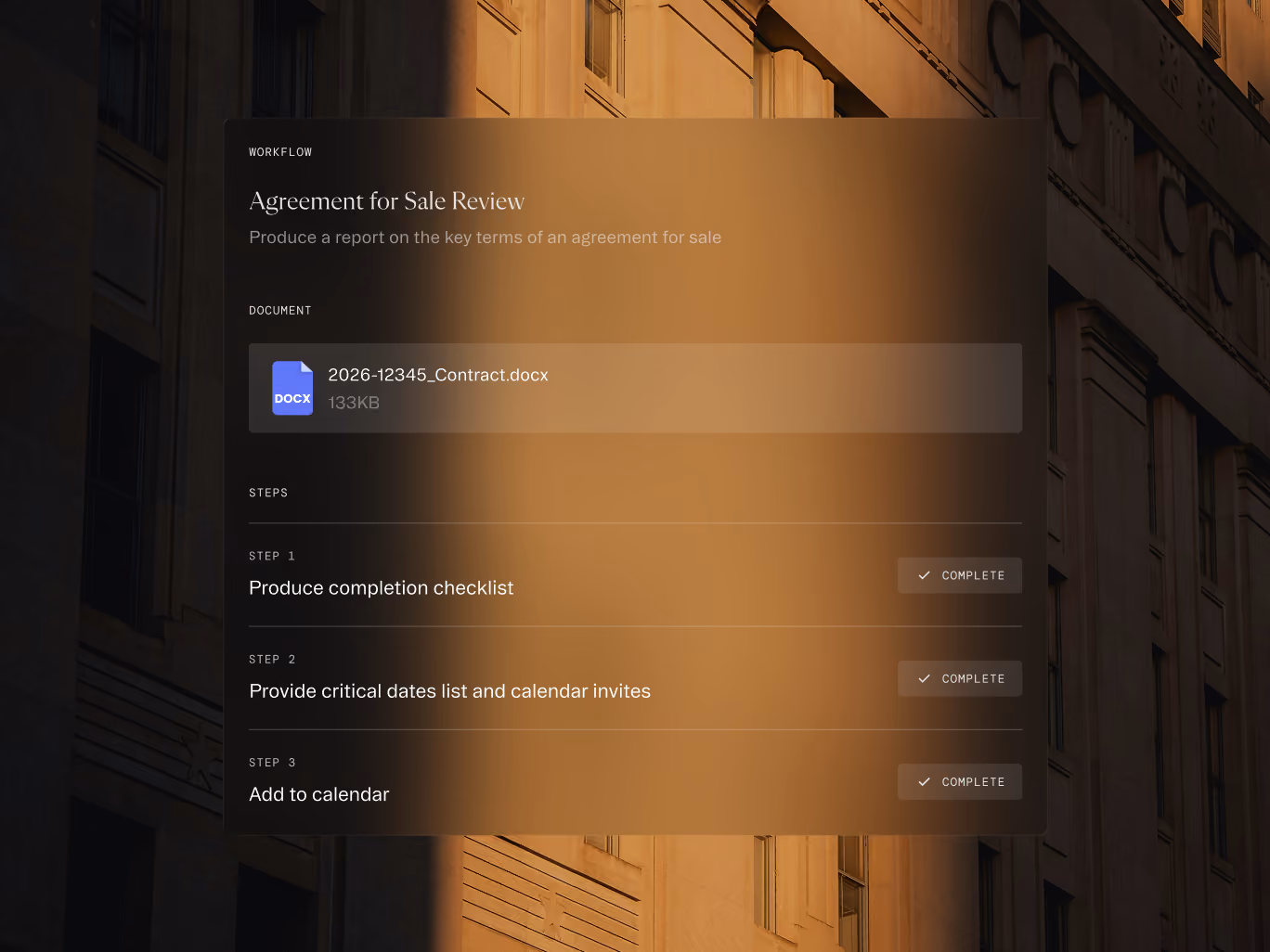 Workflow titled Agreement for Sale Review with steps to produce checklist, provide dates, and add to calendar.