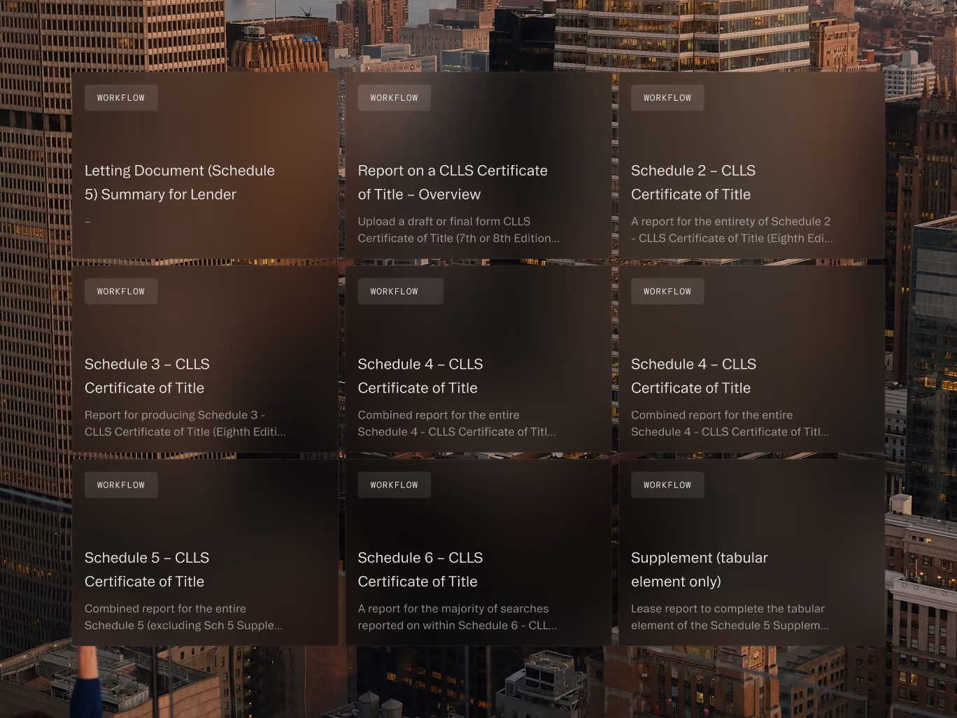 Nine dark rectangular workflow cards with titles about CLLS Certificate of Title schedules and reports.