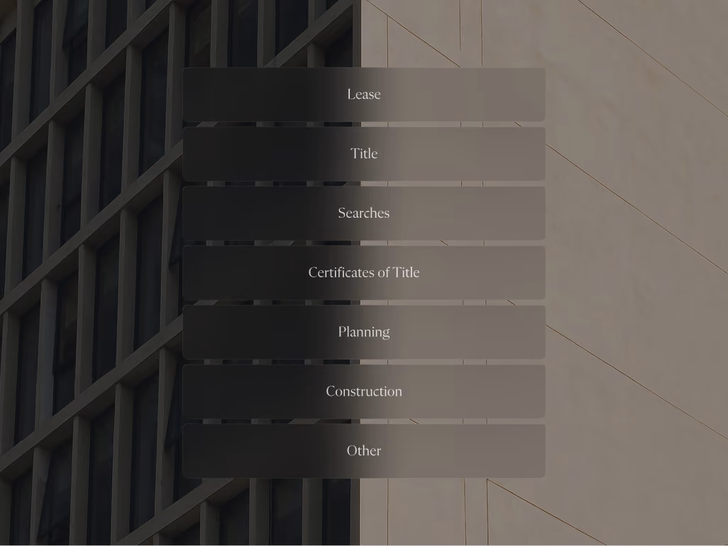 Buttons labeled Lease, Title, Searches, Certificates of Title, Planning, Construction, and Other on building facade.