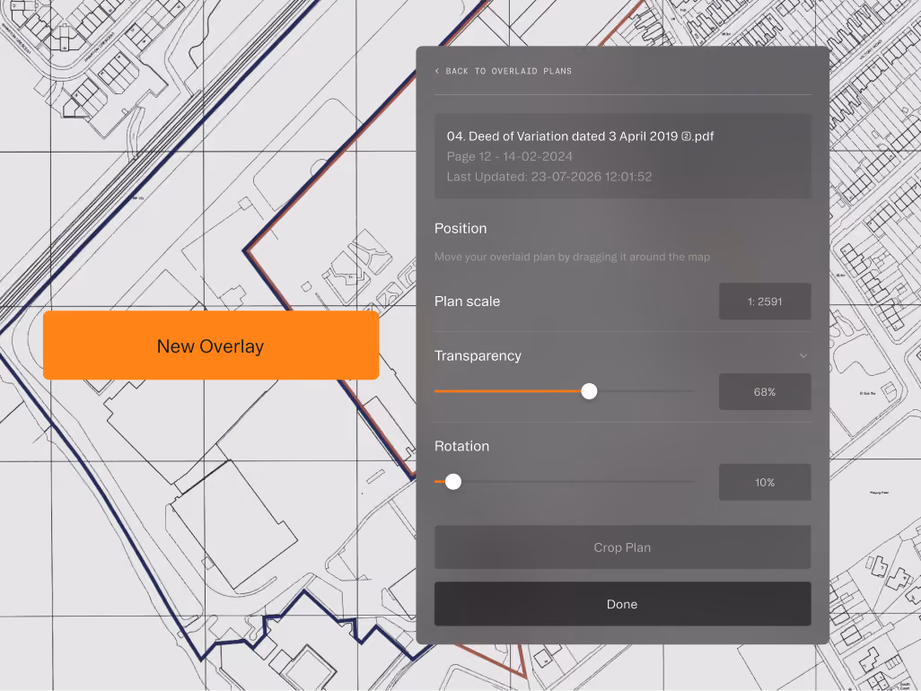 Interface for overlaying site plans on a map with options for scale, transparency, rotation, and a new overlay button.