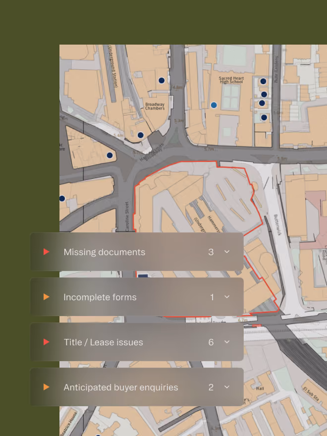 Map with marked locations and a sidebar listing issues: missing documents, incomplete forms, title/lease, buyer enquiries.